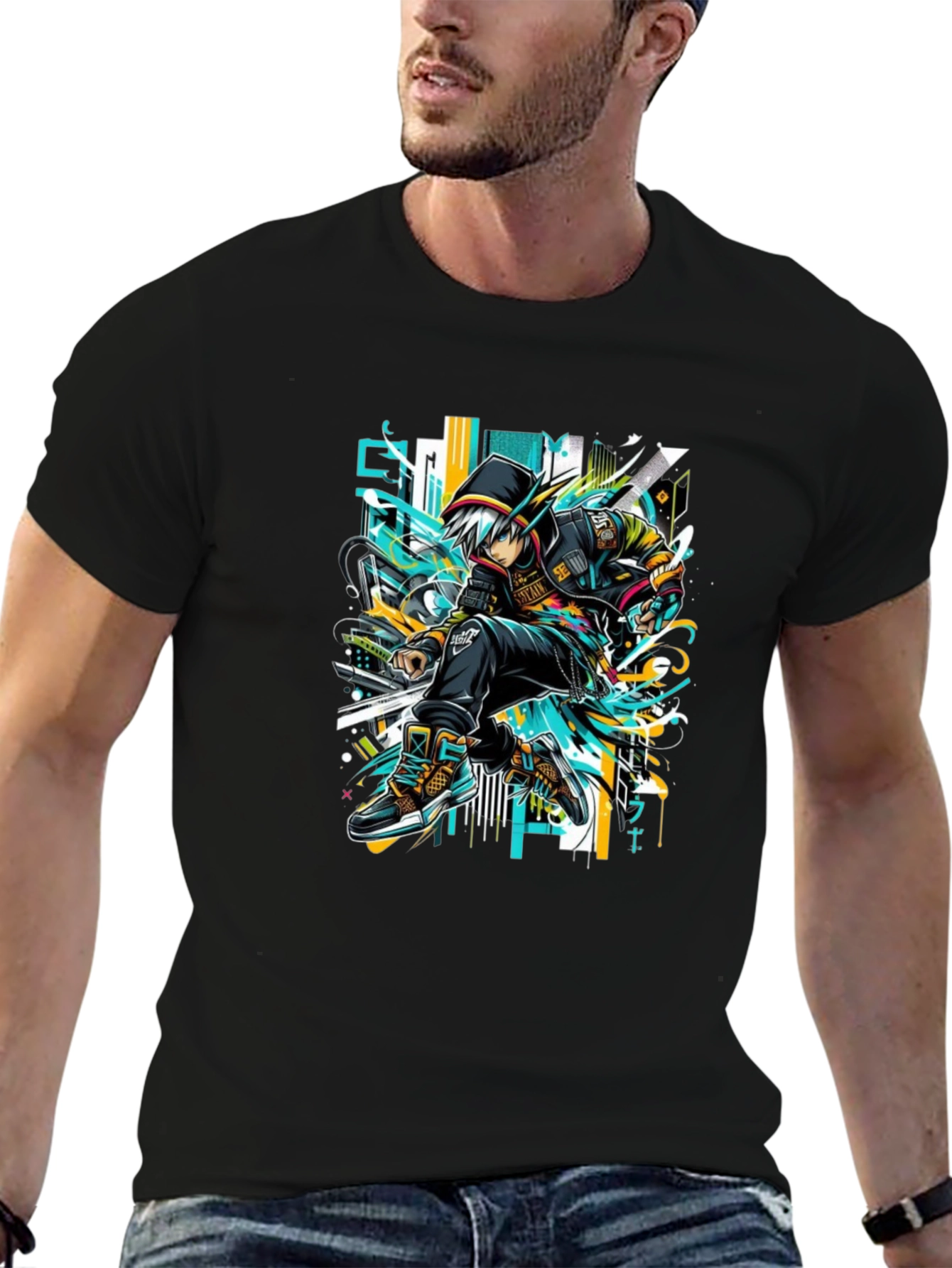 Urban Anime Style Black Graphic Tee