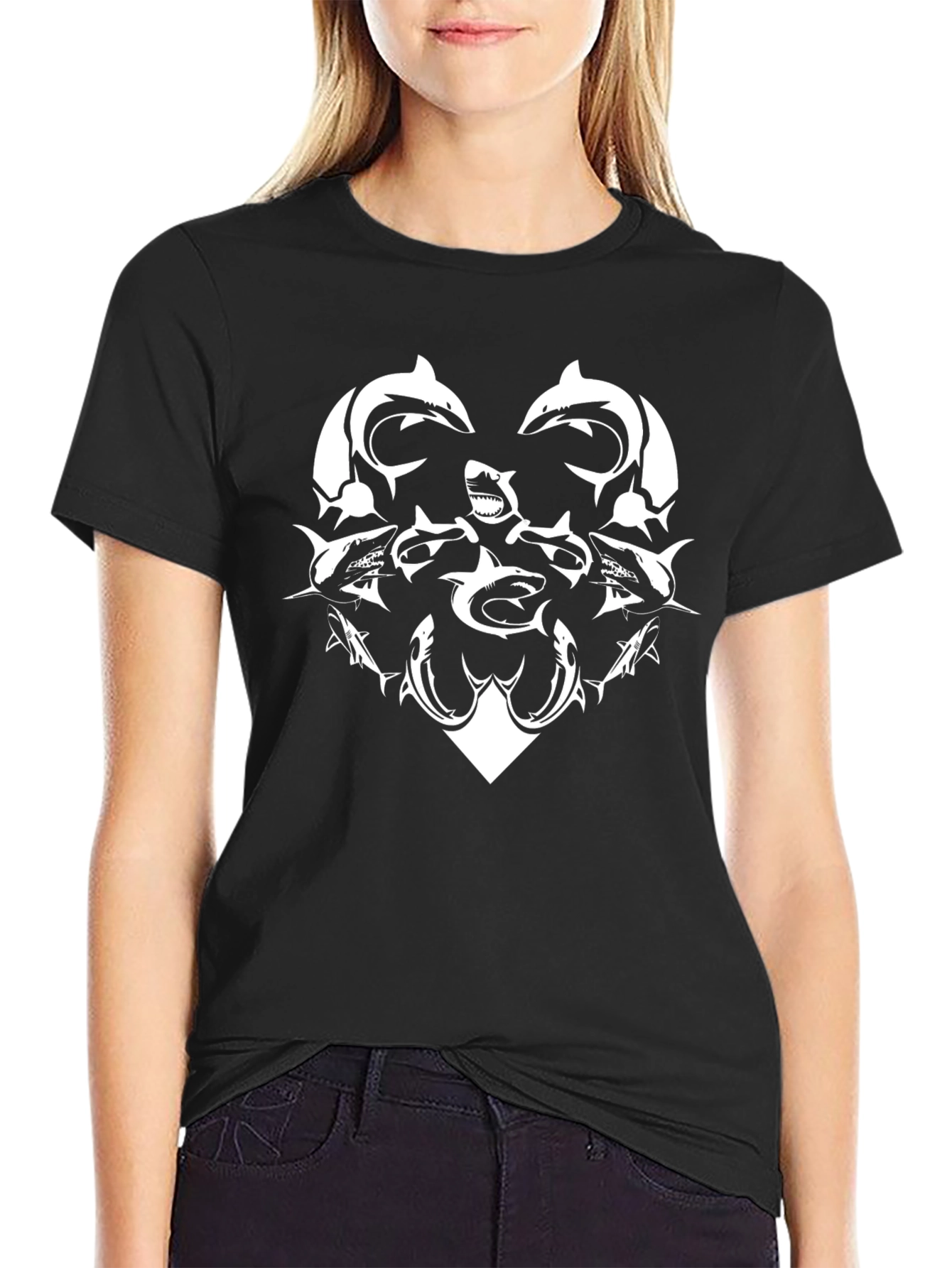 Shark Heart Graphic Tee - Black Cotton Casual Shirt
