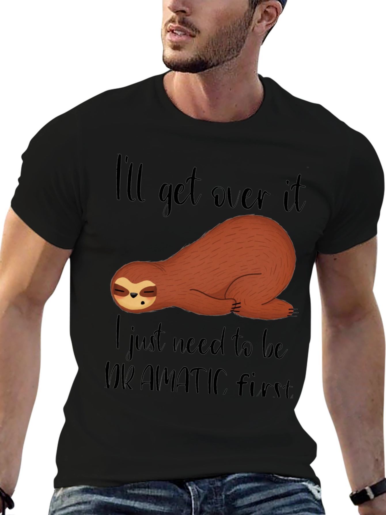 Funny Sloth Dramatic First Mens Black T-Shirt