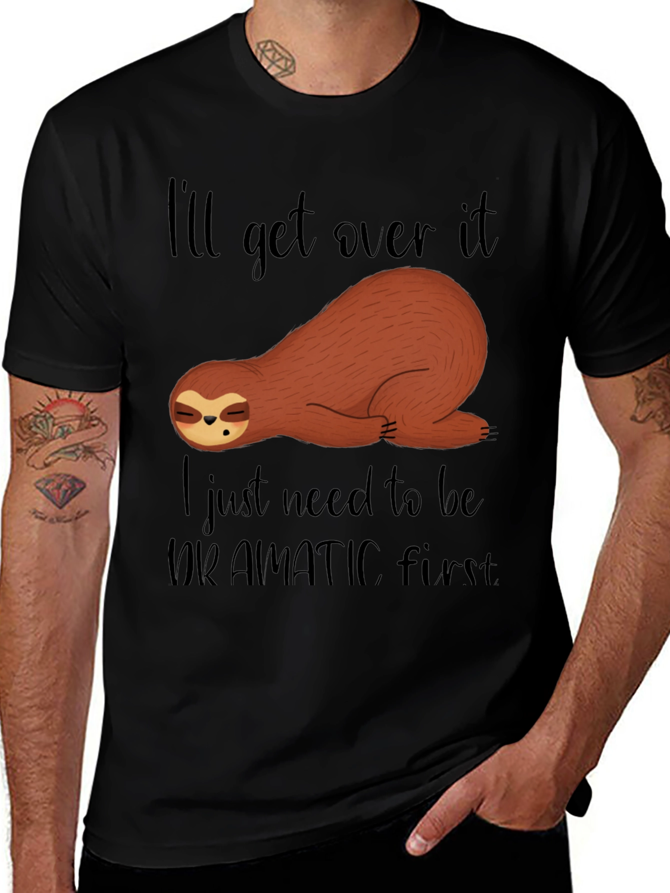 Funny Sloth Dramatic First Mens Black T-Shirt