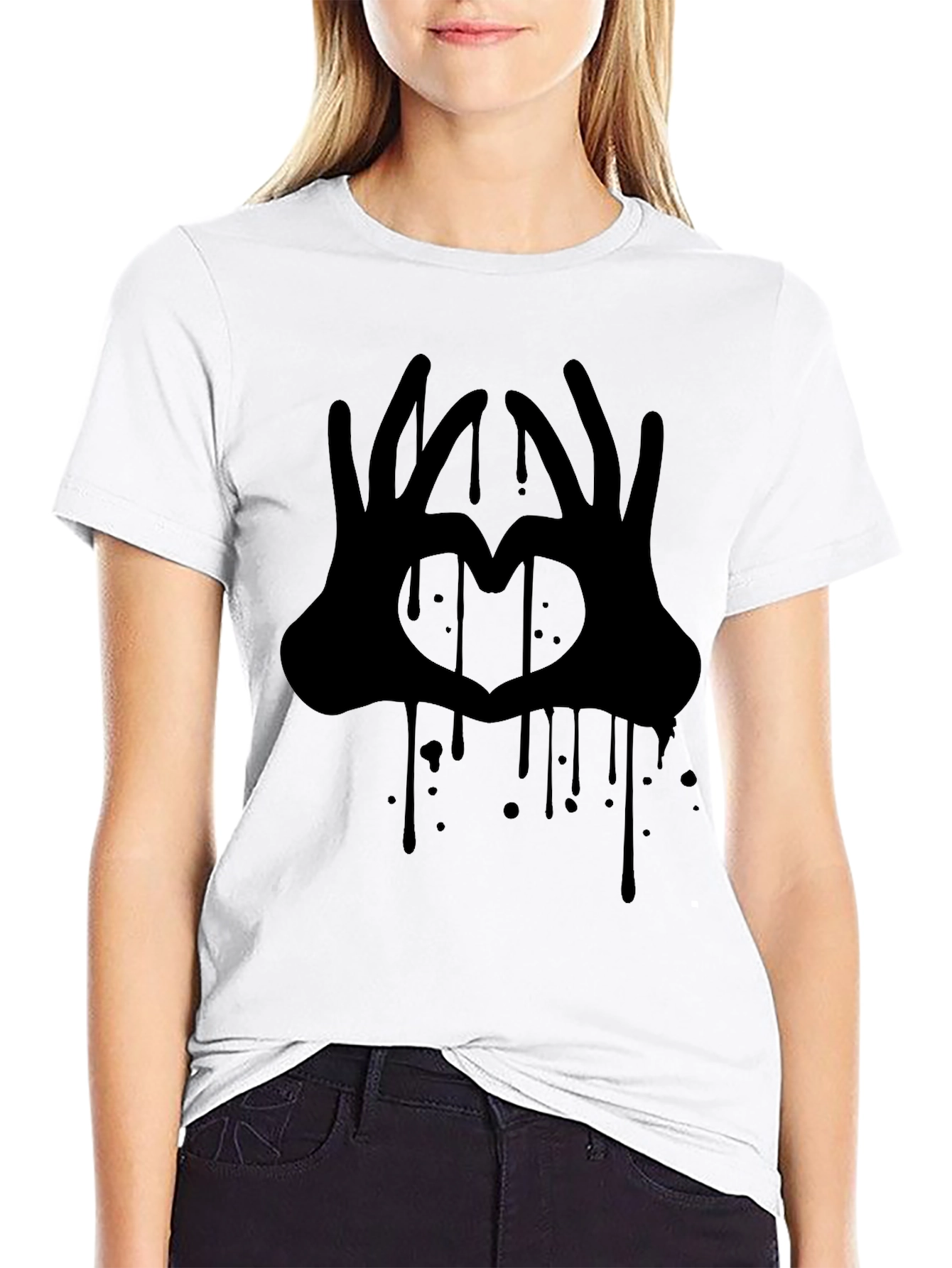 Heart Hands Graphic Tee - Black Crew Neck T-Shirt