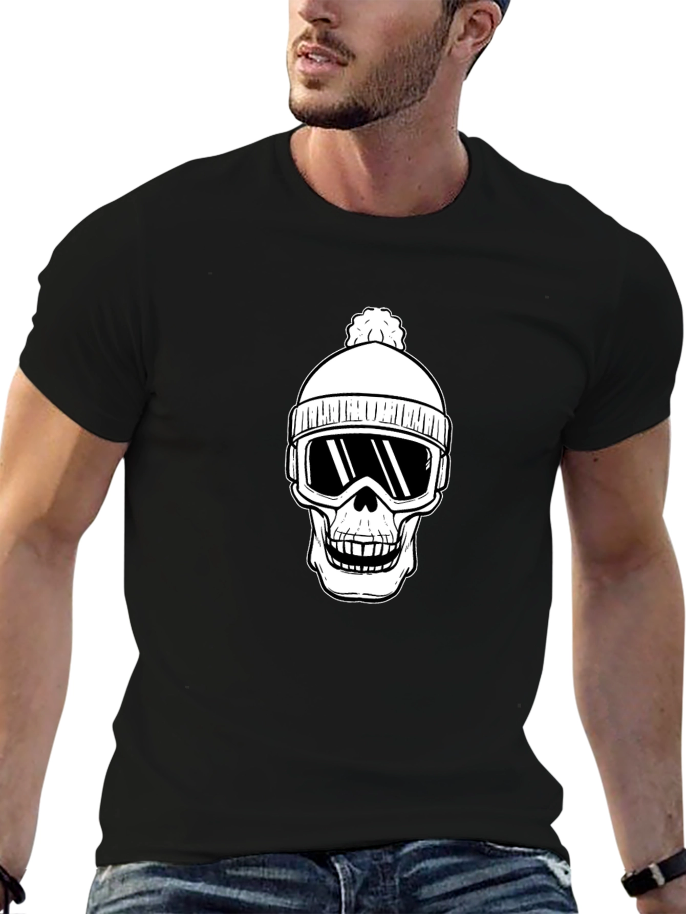 Skull Ski Beanie T-Shirt - Black Cotton Graphic Tee