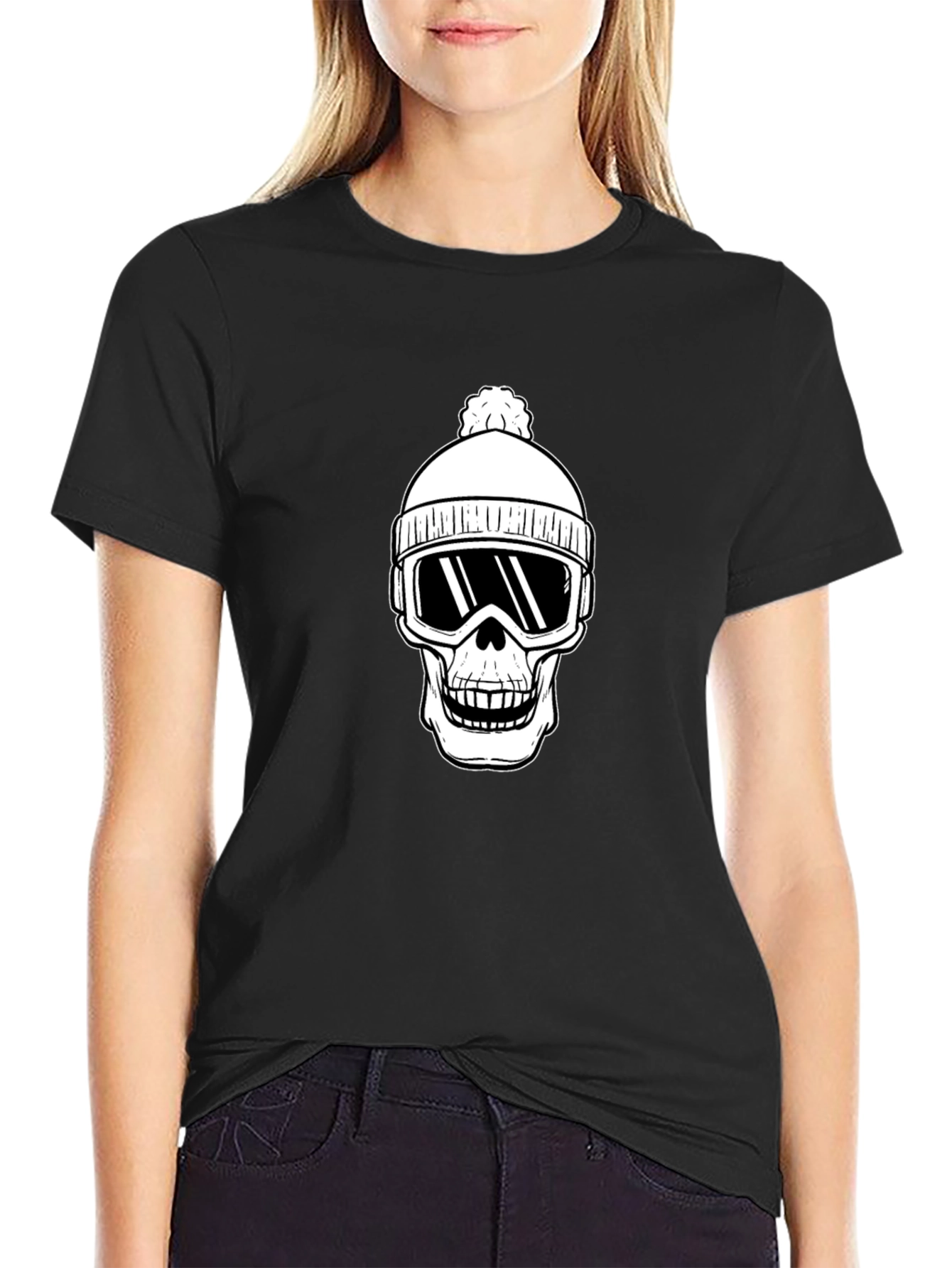 Skull Ski Beanie T-Shirt - Black Cotton Graphic Tee