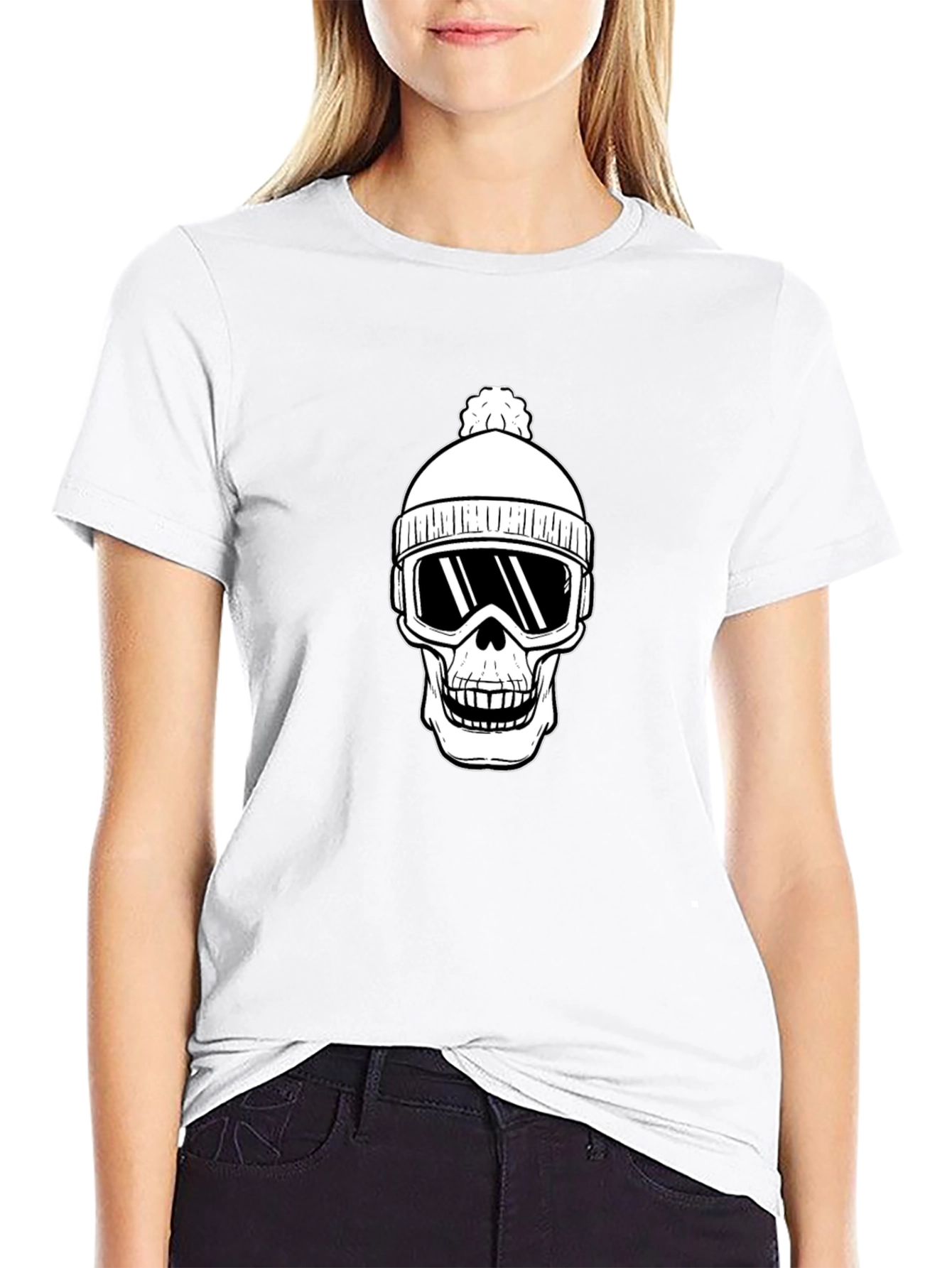 Skull Ski Beanie T-Shirt - Black Cotton Graphic Tee