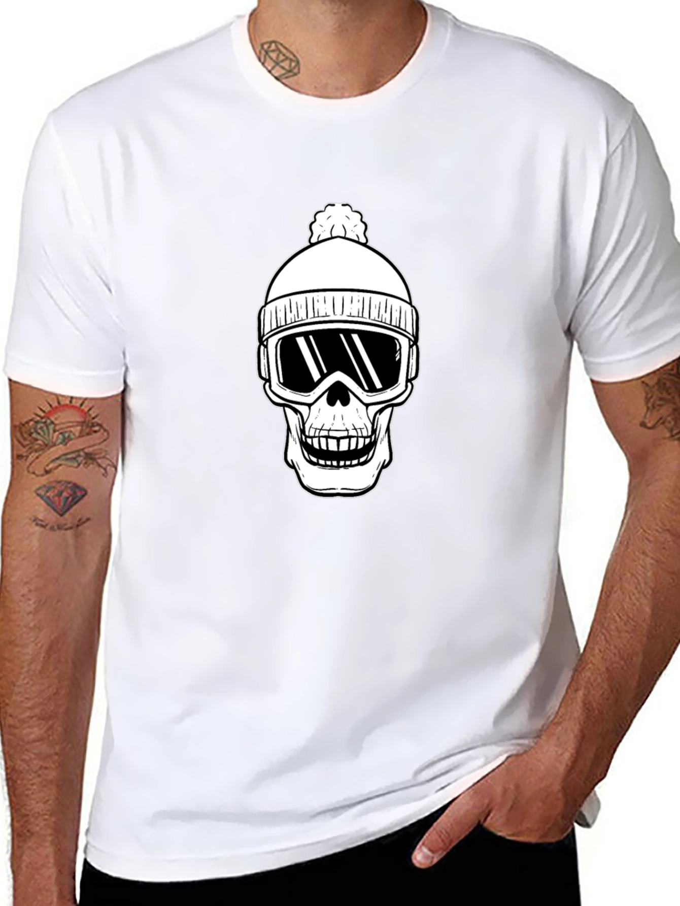 Skull Ski Beanie T-Shirt - Black Cotton Graphic Tee