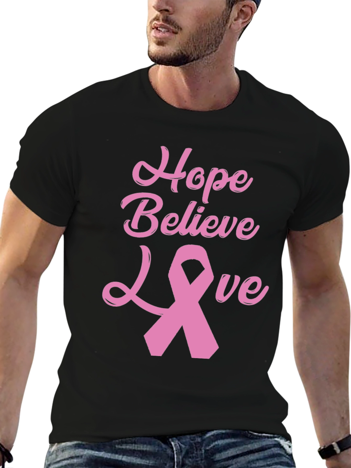 Hope Believe Love Breast Cancer Awareness Black T-Shirt