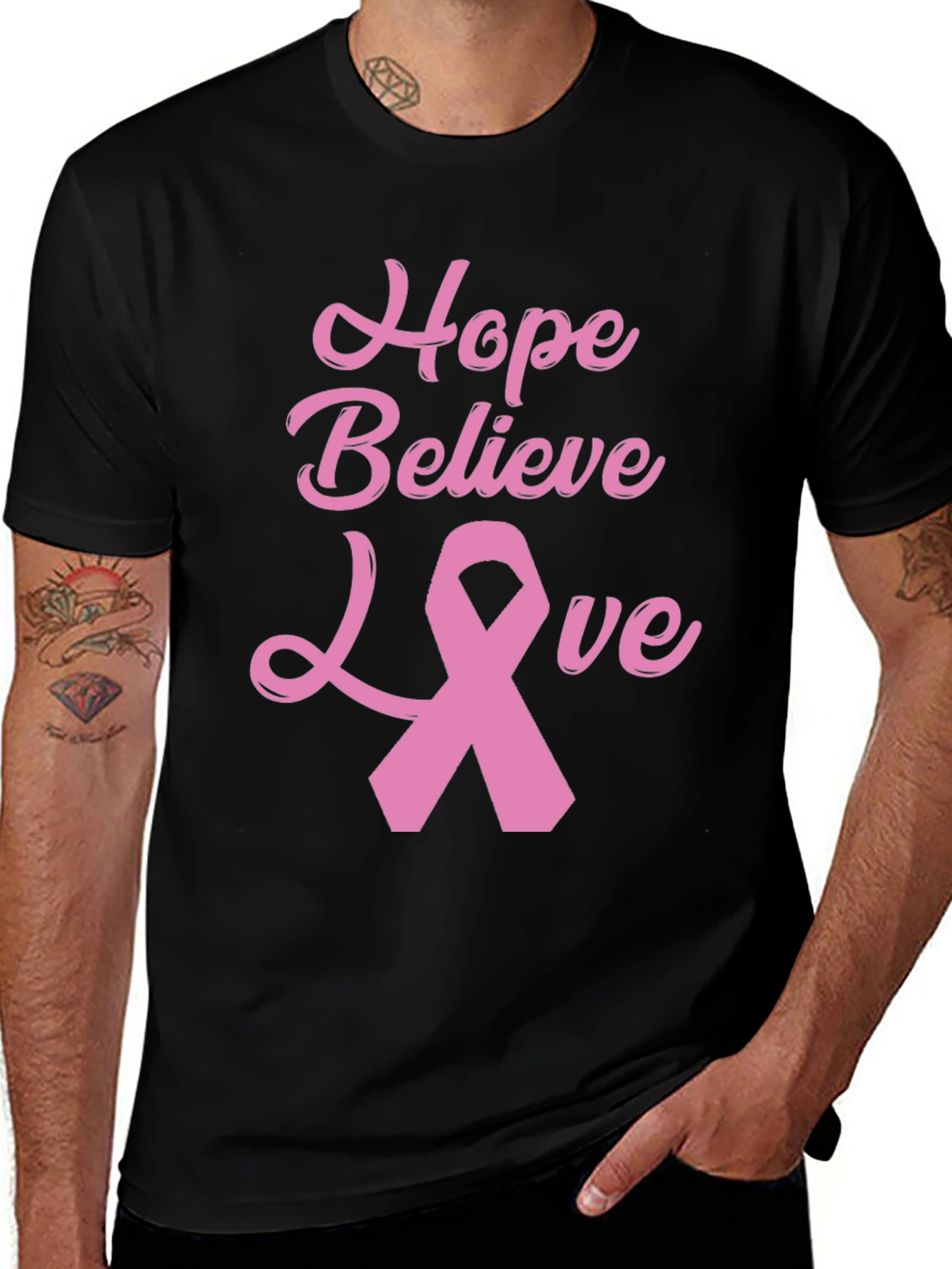Hope Believe Love Breast Cancer Awareness Black T-Shirt