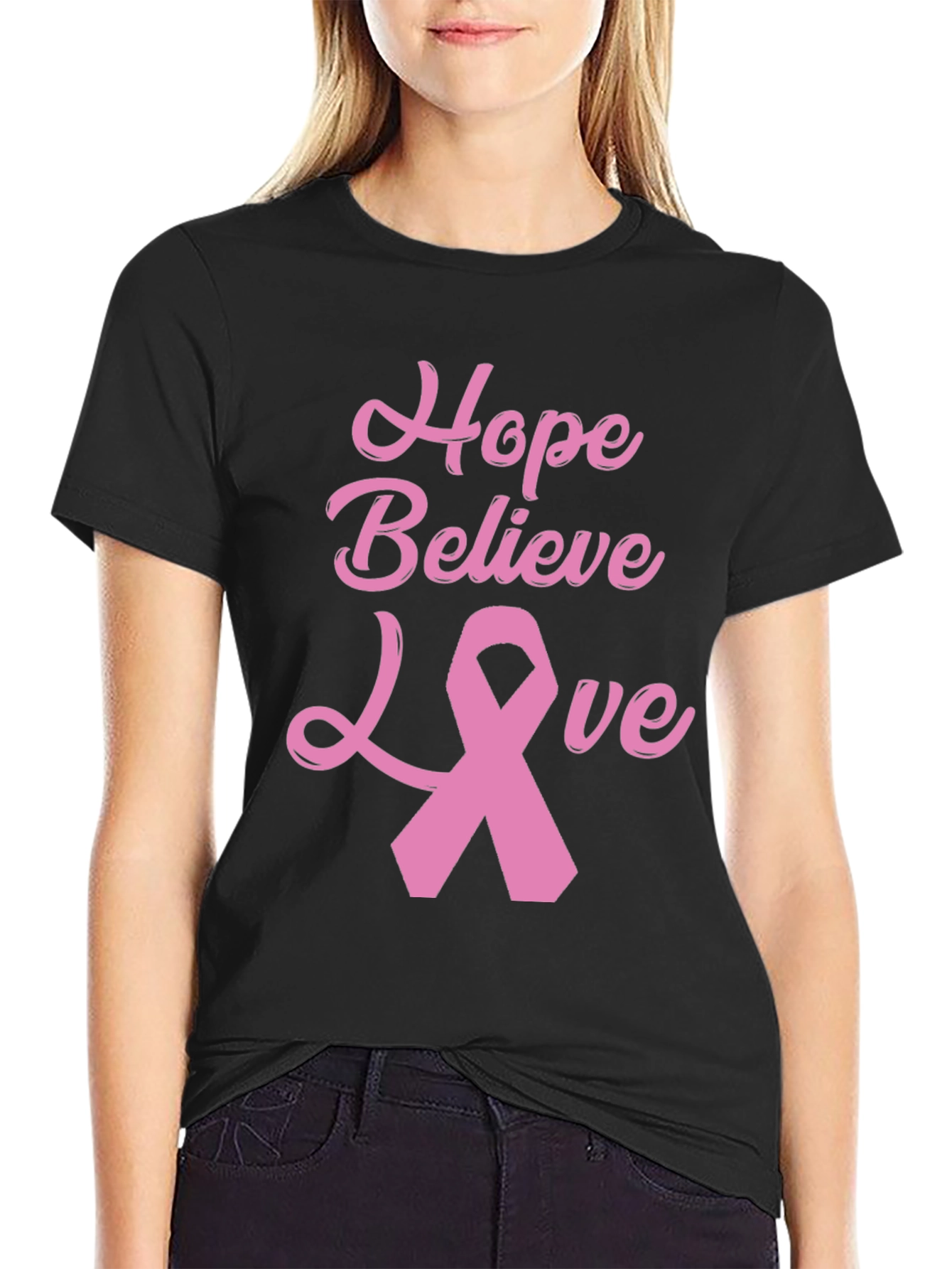Hope Believe Love Breast Cancer Awareness Black T-Shirt