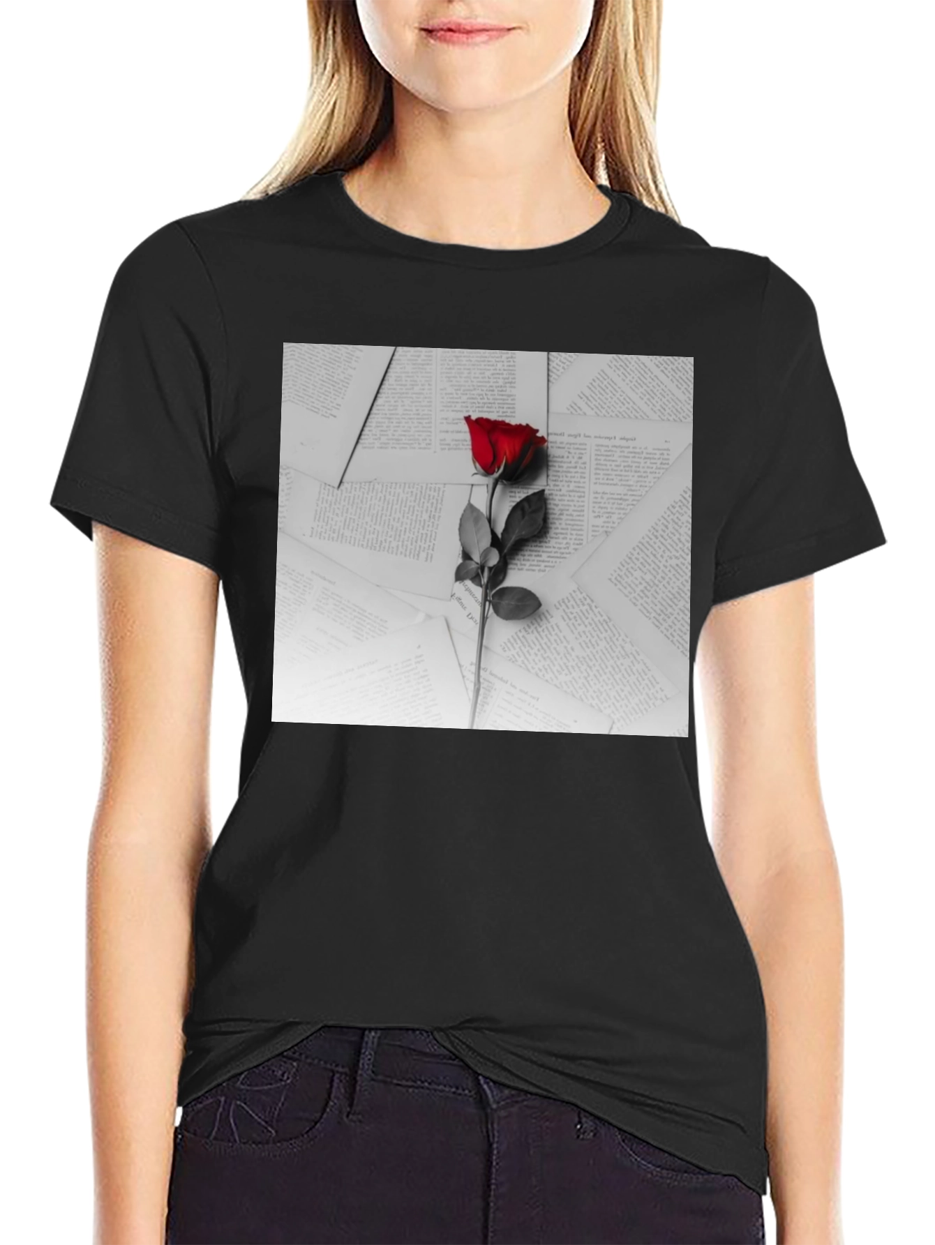Red Rose on Books Graphic Tee - Trendy Style