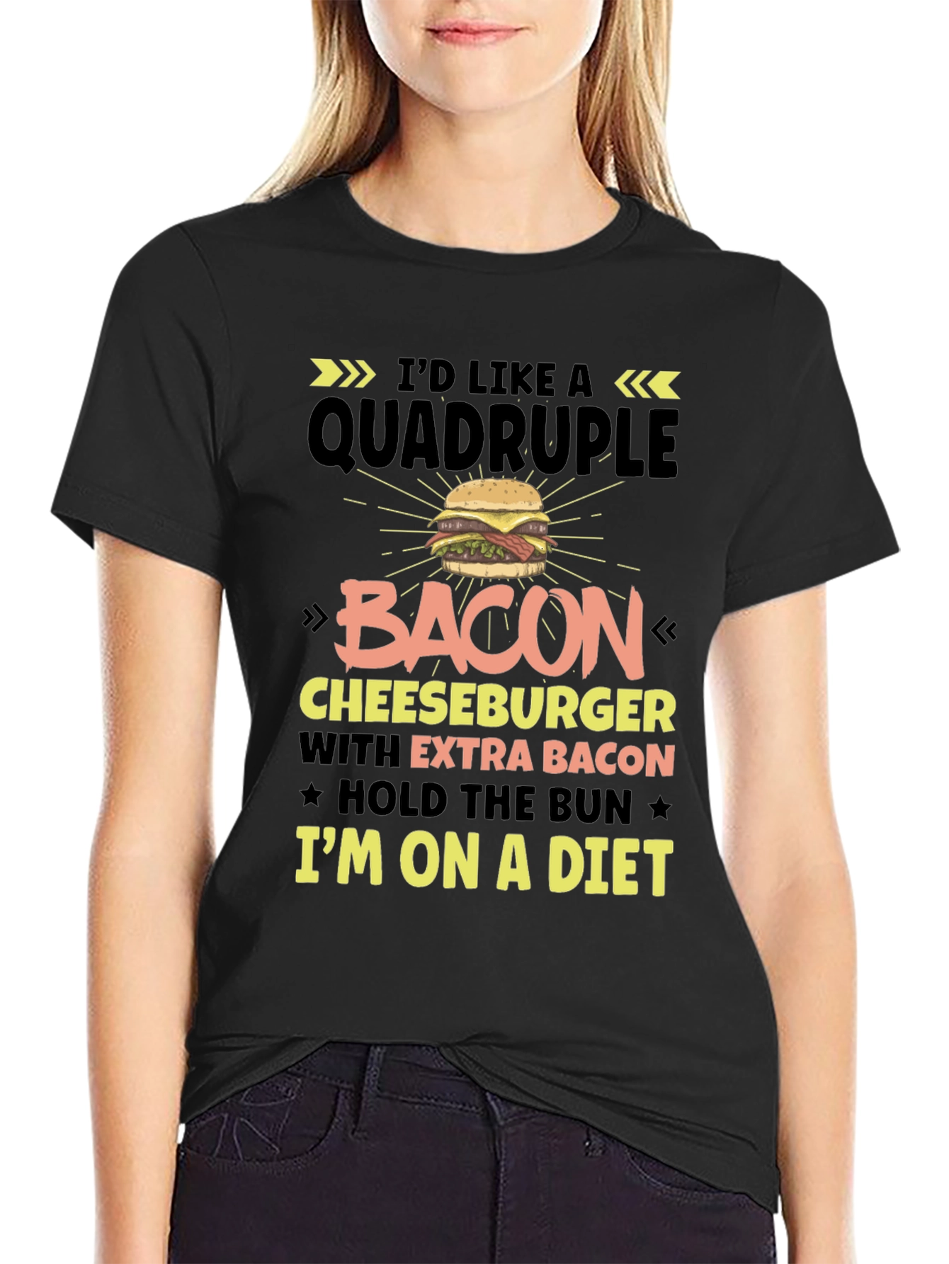 Diet Humor T-Shirt: Quadruple Bacon Cheeseburger Design