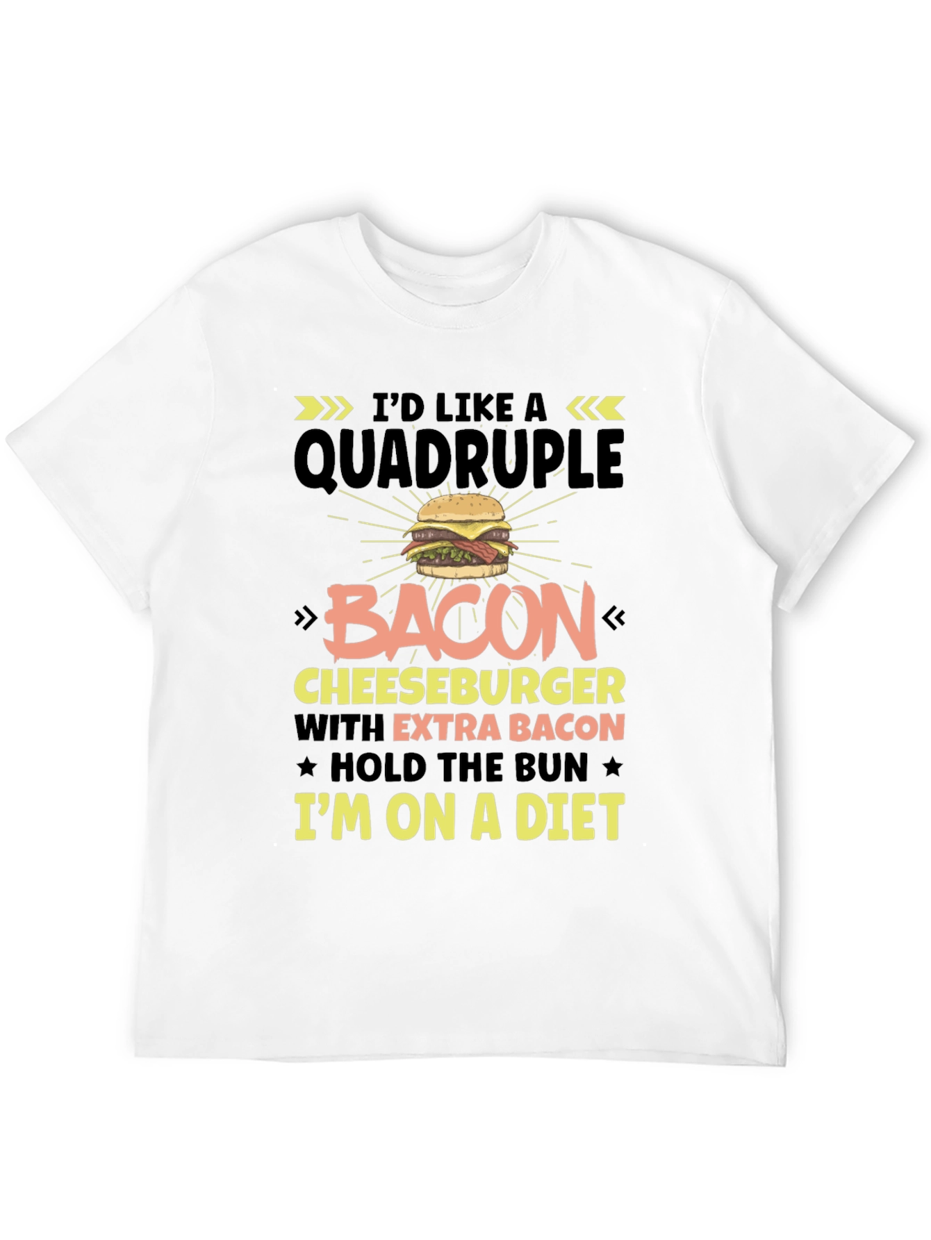 Diet Humor T-Shirt: Quadruple Bacon Cheeseburger Design
