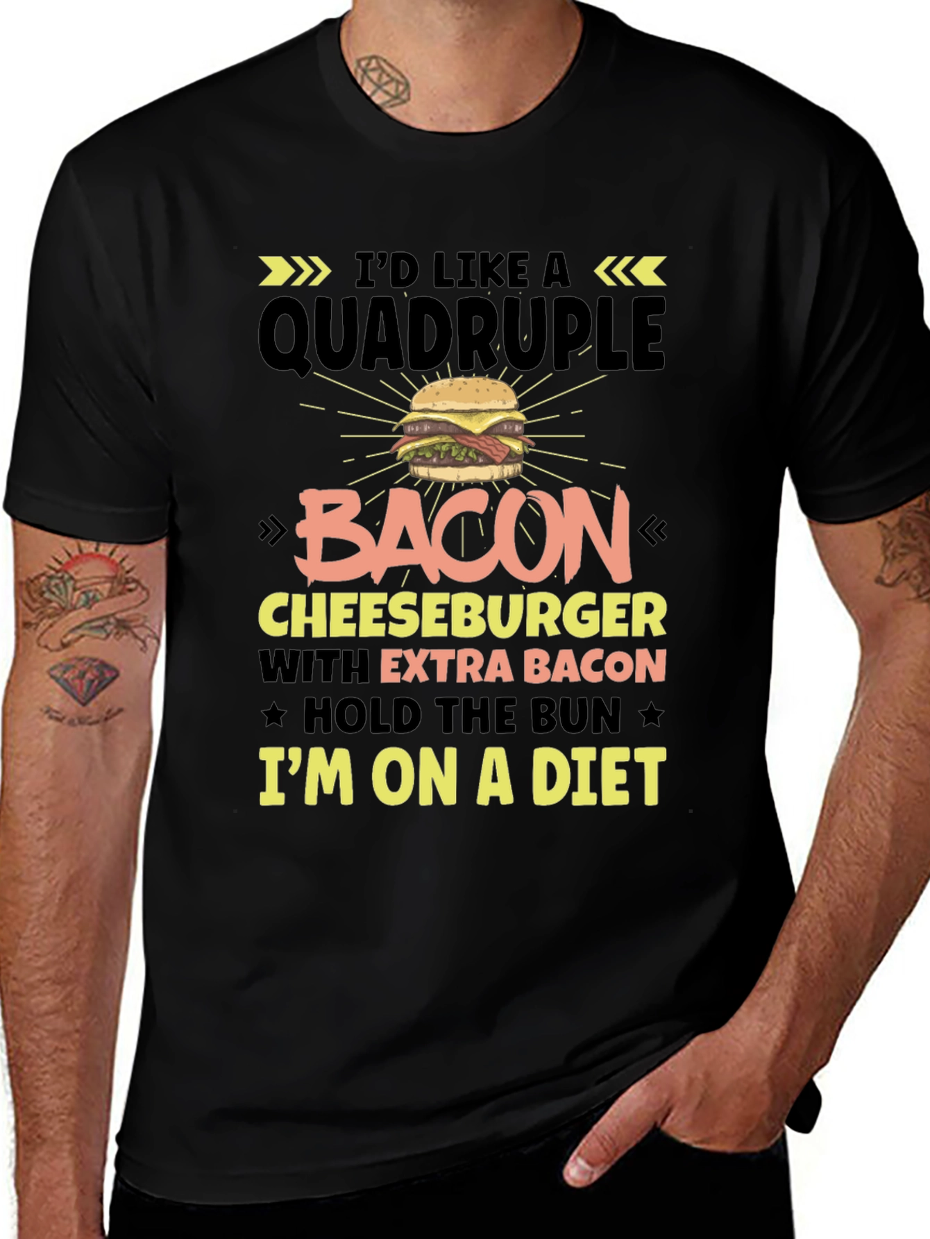 Diet Humor T-Shirt: Quadruple Bacon Cheeseburger Design