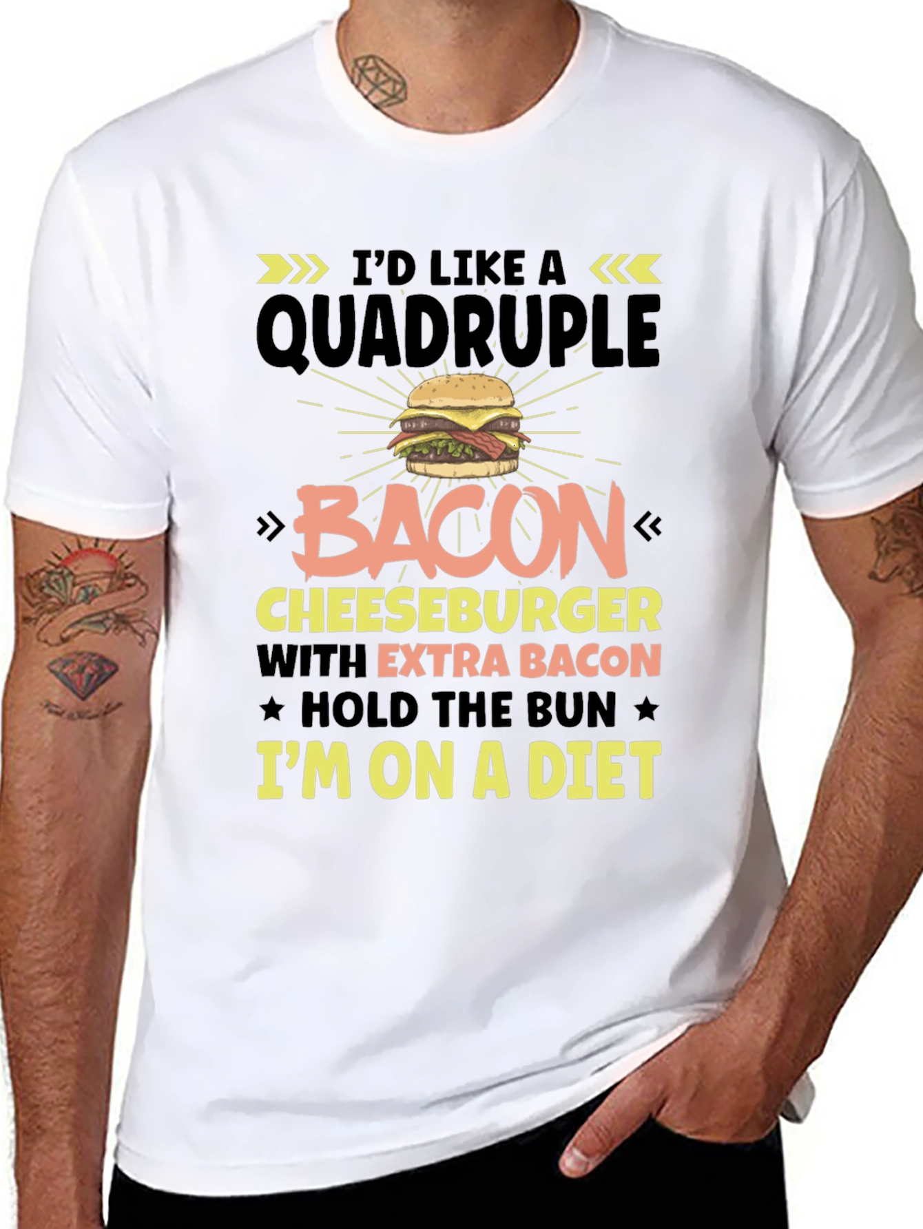 Diet Humor T-Shirt: Quadruple Bacon Cheeseburger Design