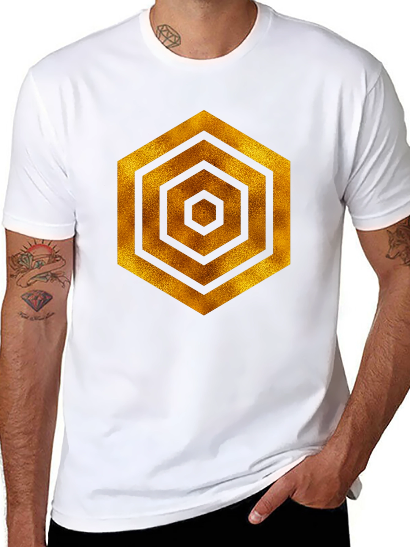 Golden Hexagon Graphic Black T-Shirt