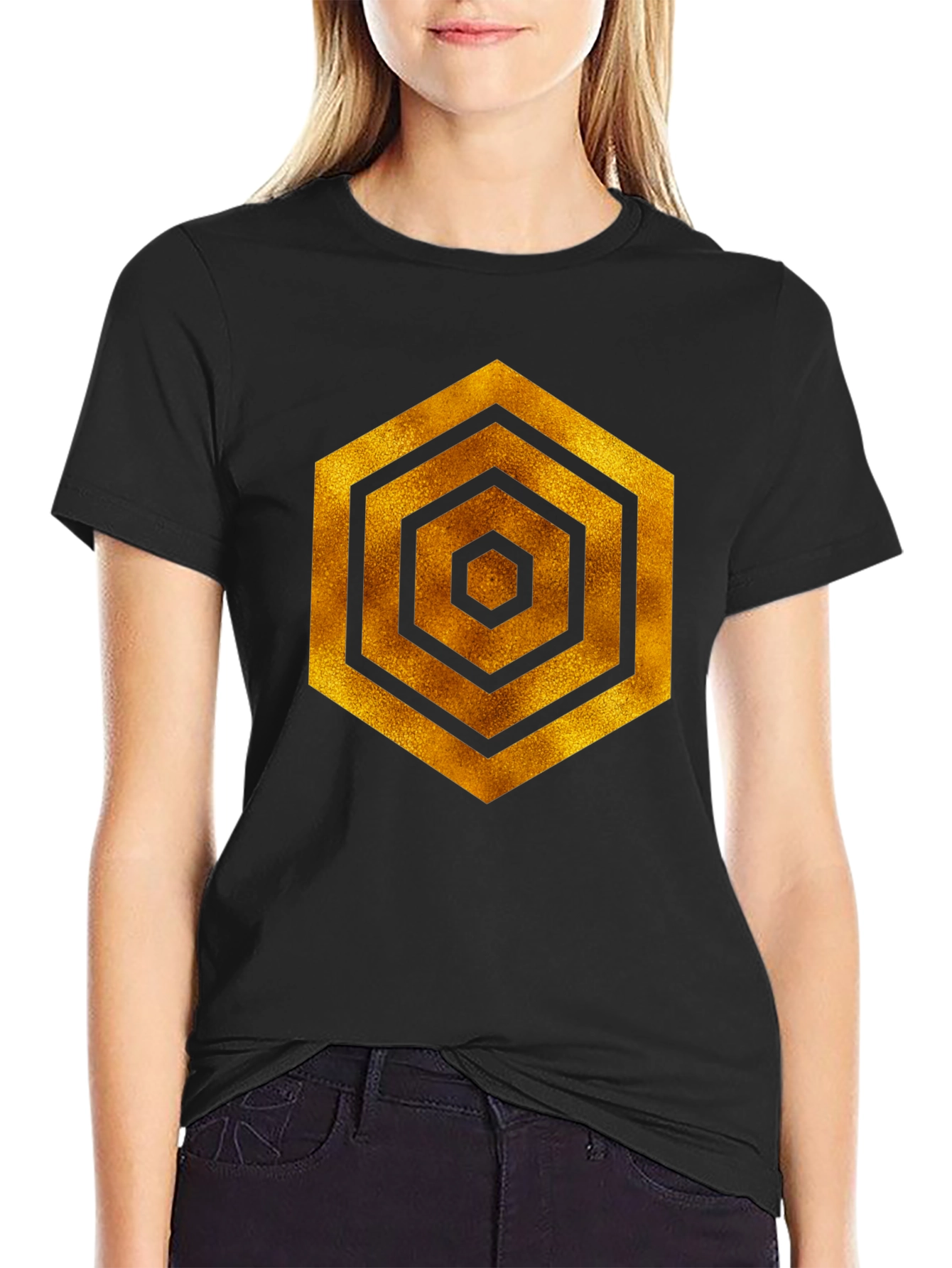 Golden Hexagon Graphic Black T-Shirt