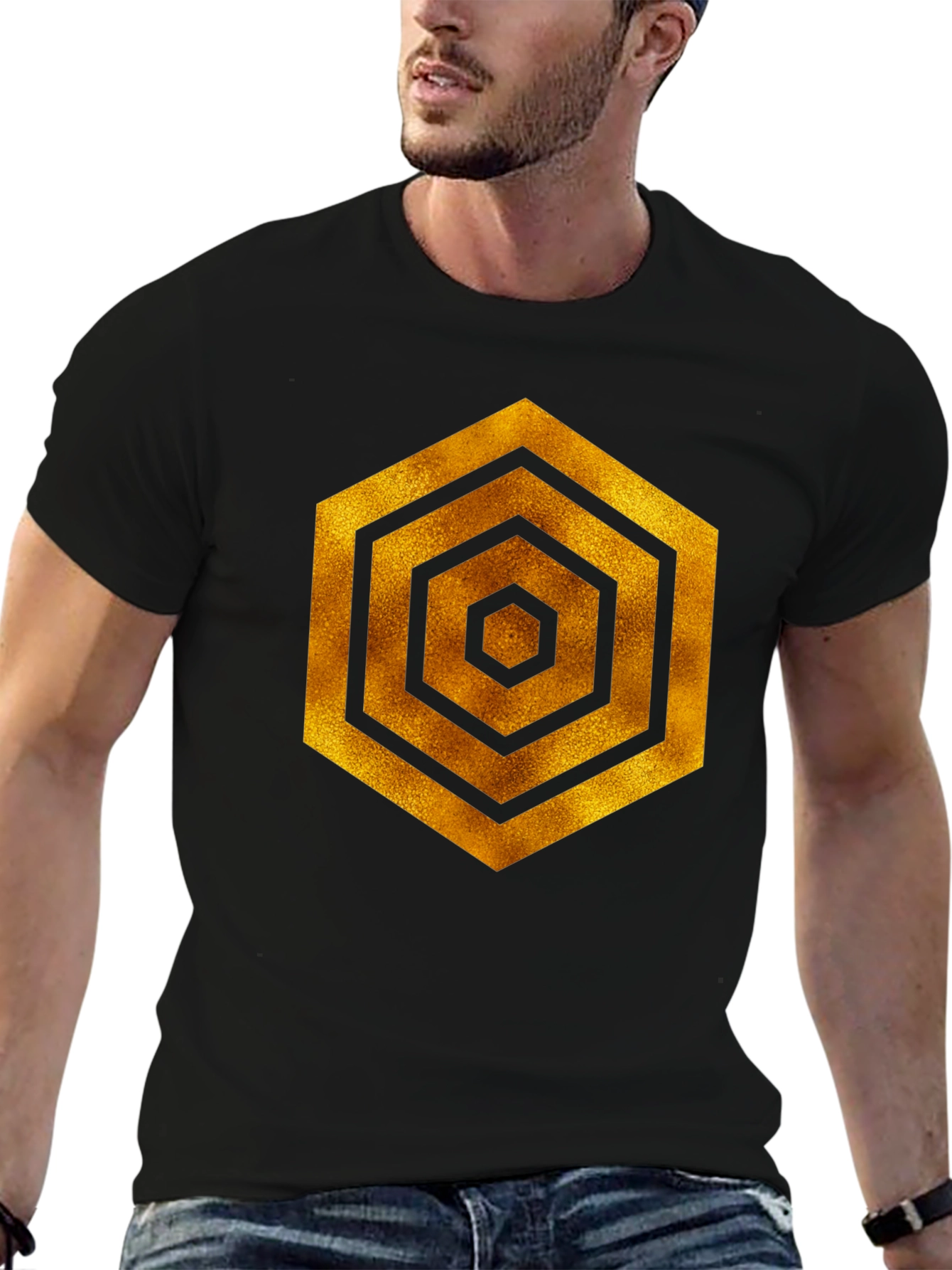 Golden Hexagon Graphic Black T-Shirt