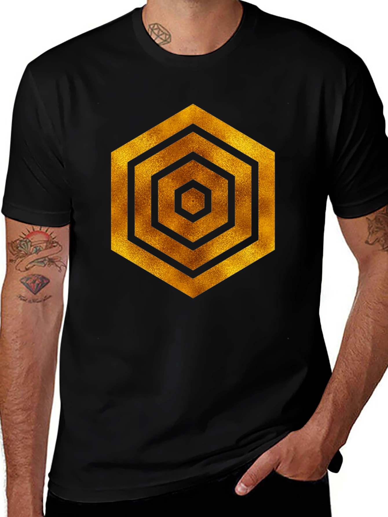 Golden Hexagon Graphic Black T-Shirt