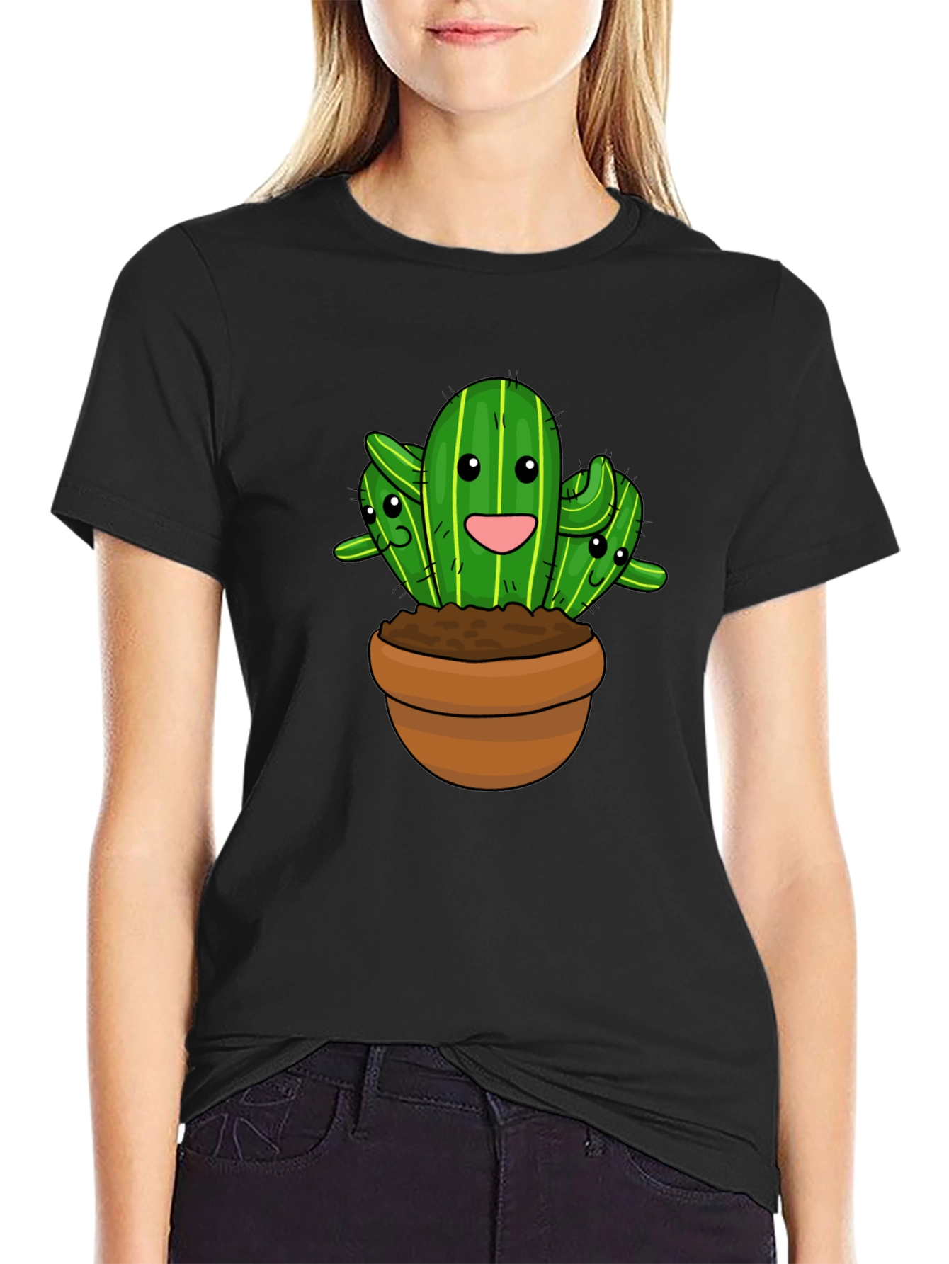 Cute Cactus Graphic Black T-Shirt