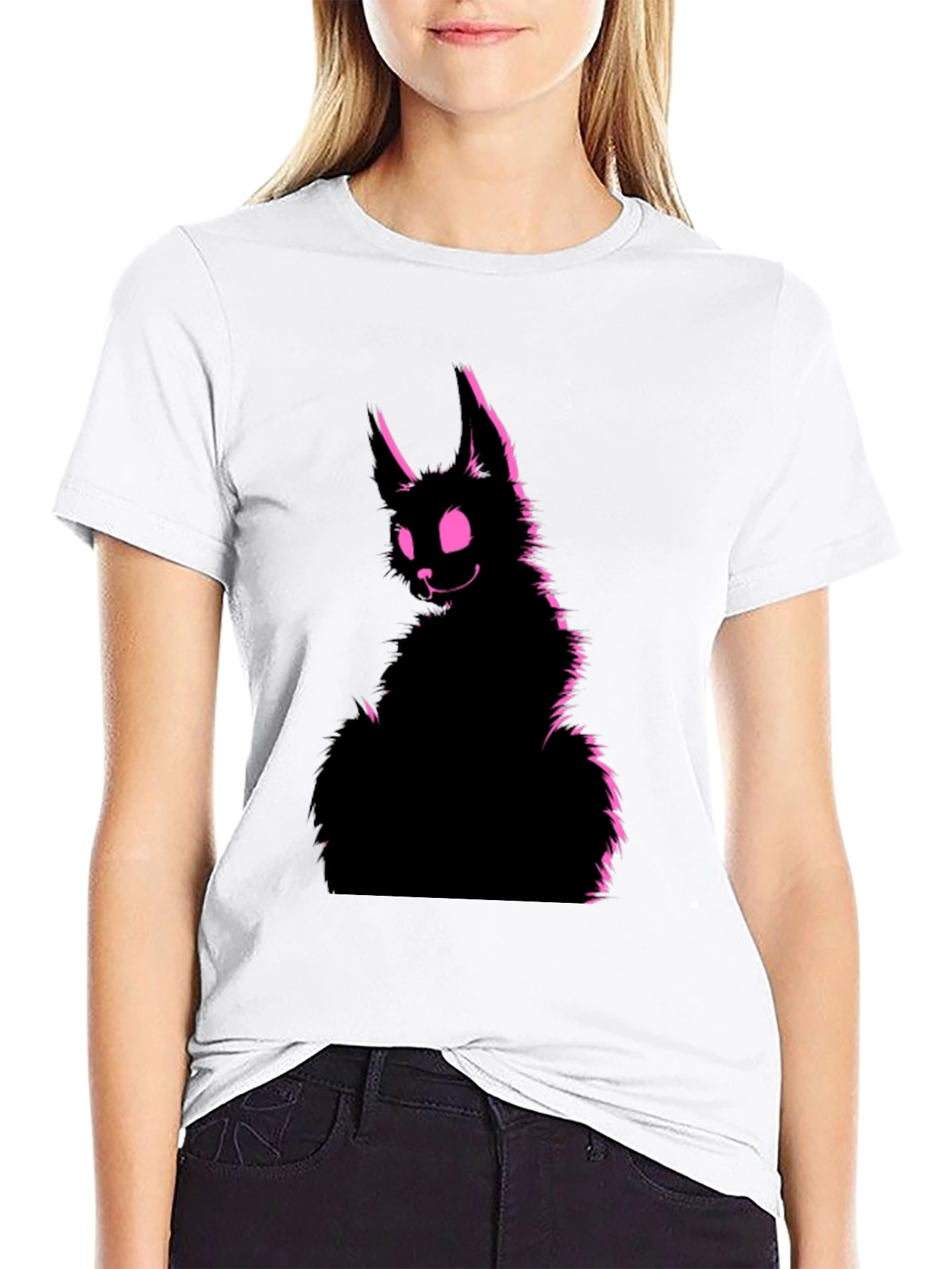Black Tee with Creepy Pink Rabbit Graphic