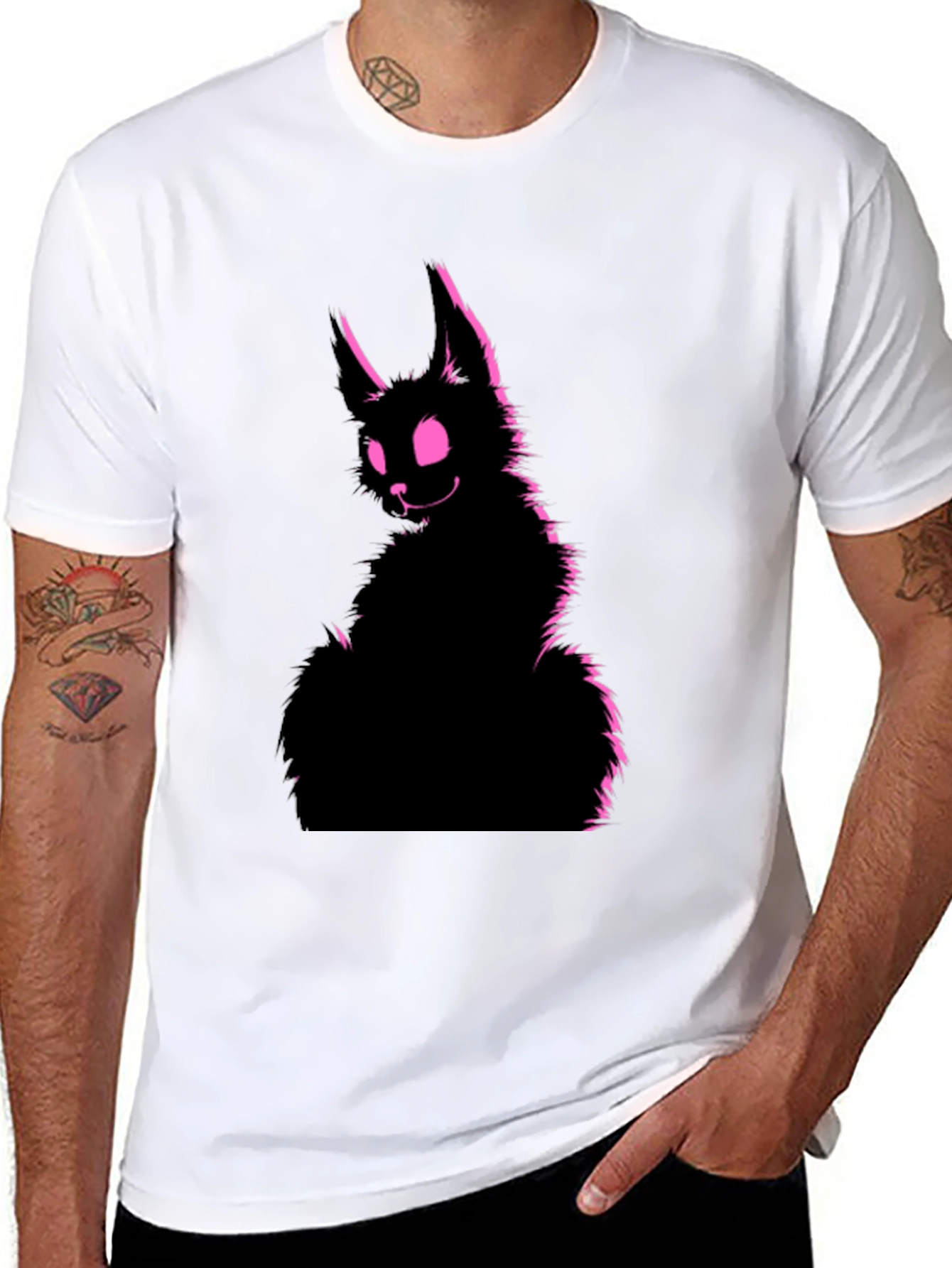 Black Tee with Creepy Pink Rabbit Graphic