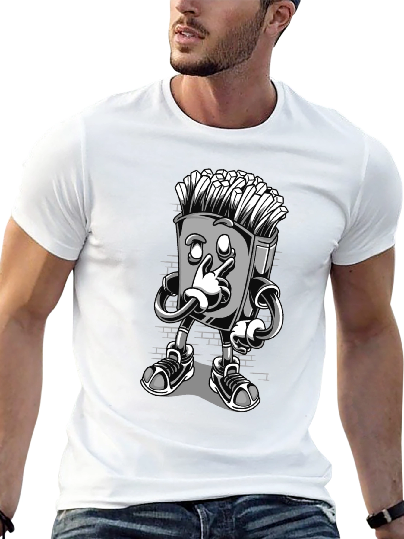 Funny Cartoon Fries Character Graphic T-Shirt