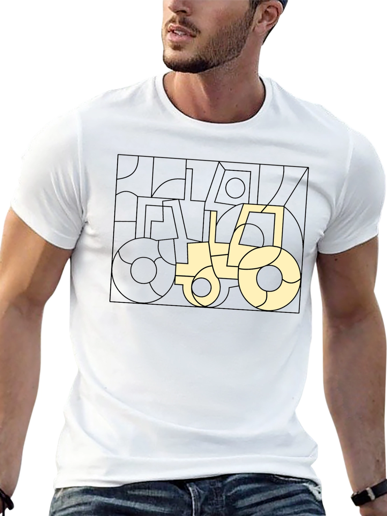 Modern Geometric Tractor Graphic Tee - Black Cotton