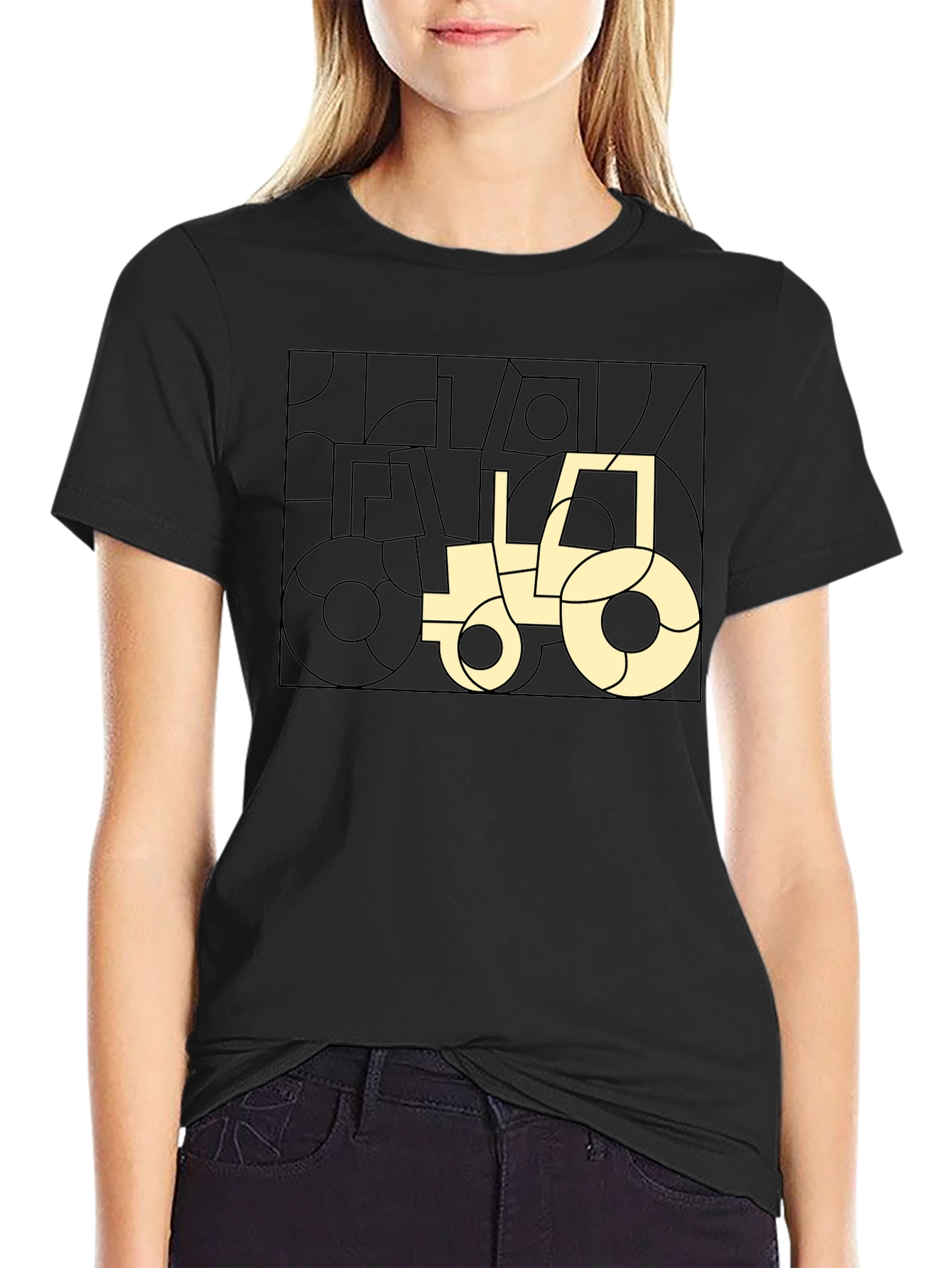 Modern Geometric Tractor Graphic Tee - Black Cotton