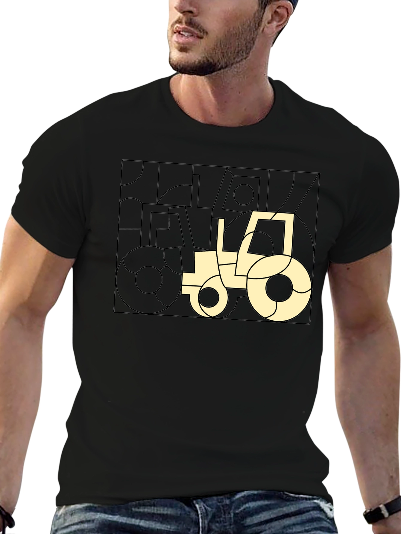 Modern Geometric Tractor Graphic Tee - Black Cotton