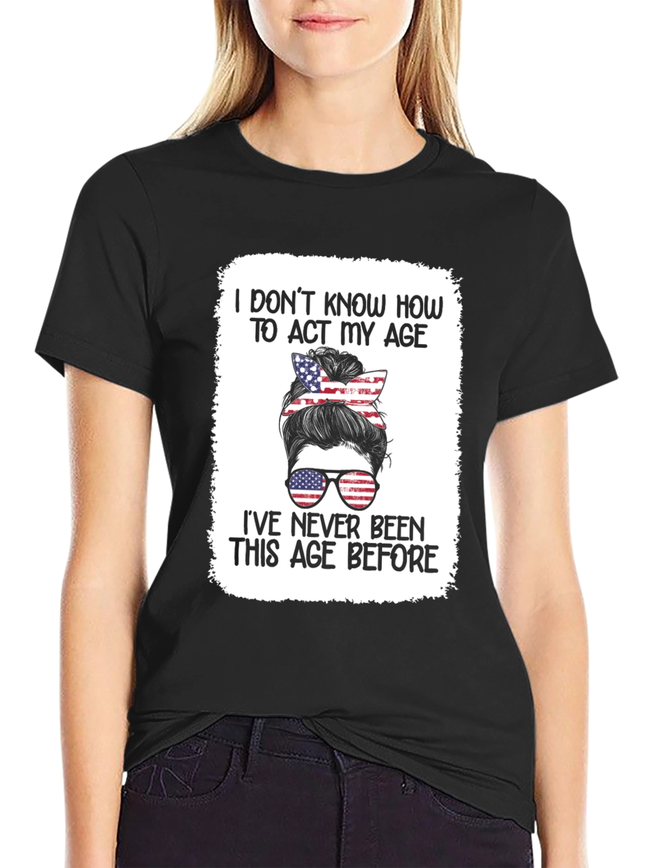 Humorous Patriotic Messy Bun T-Shirt