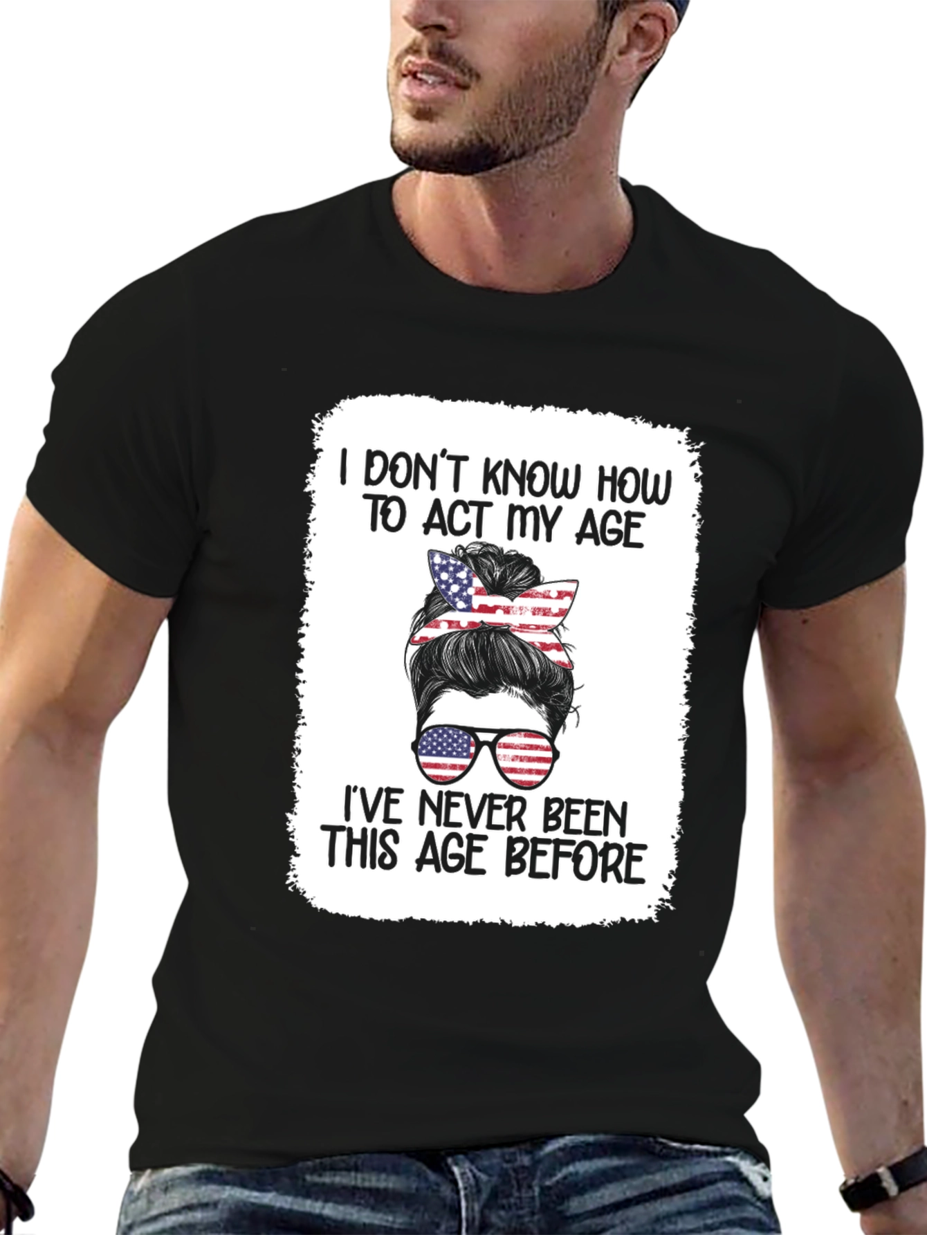 Humorous Patriotic Messy Bun T-Shirt