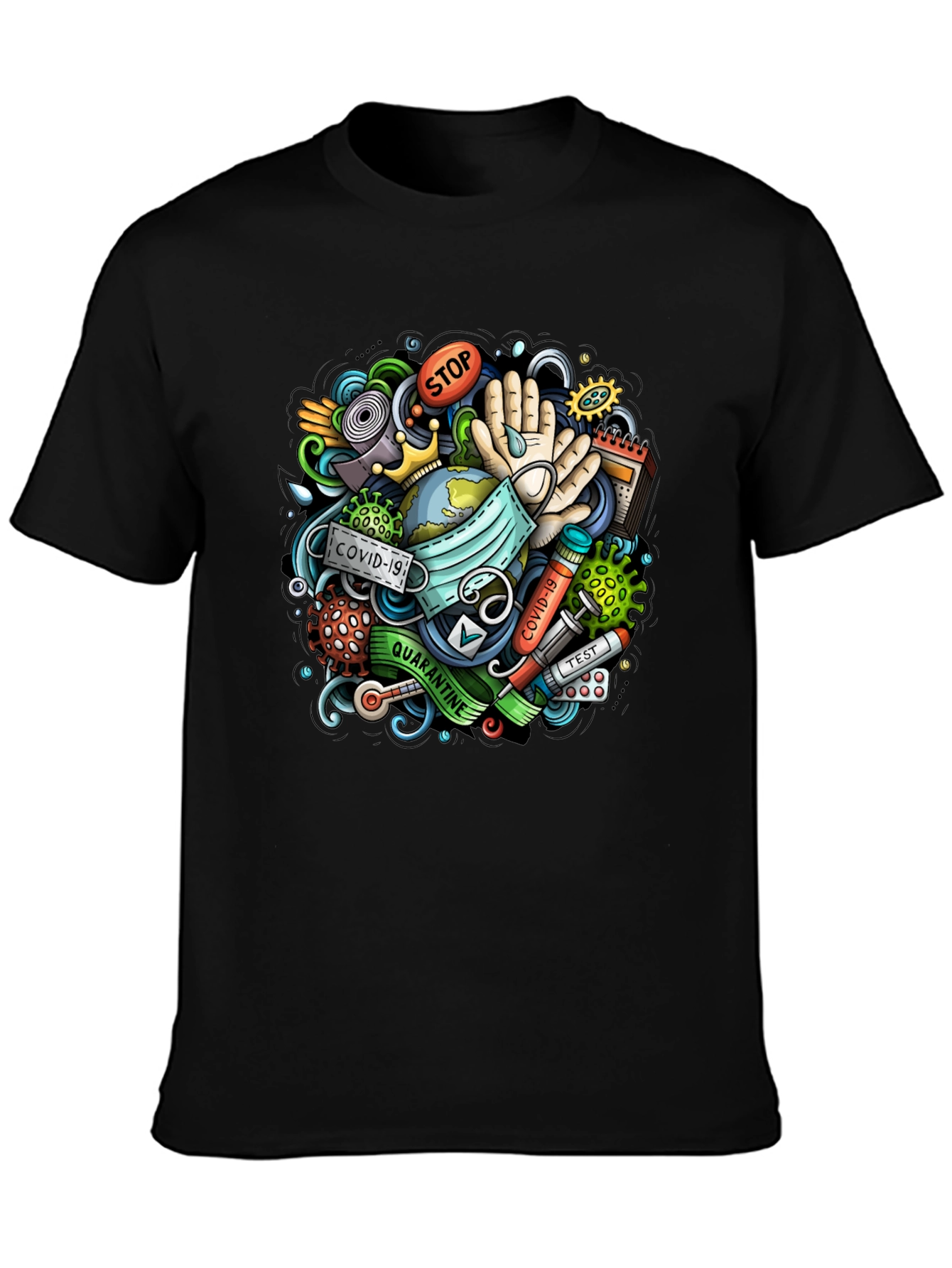 COVID-19 Cartoon Graphic Black T-Shirt