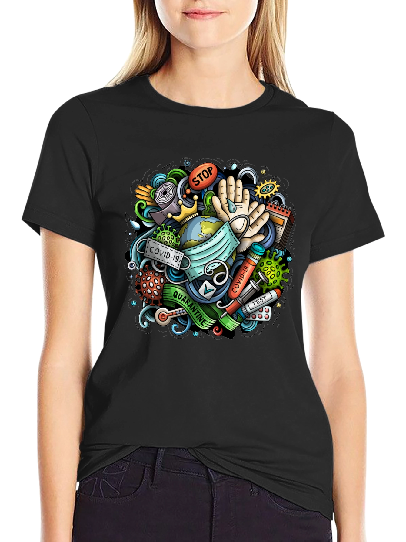 COVID-19 Cartoon Graphic Black T-Shirt