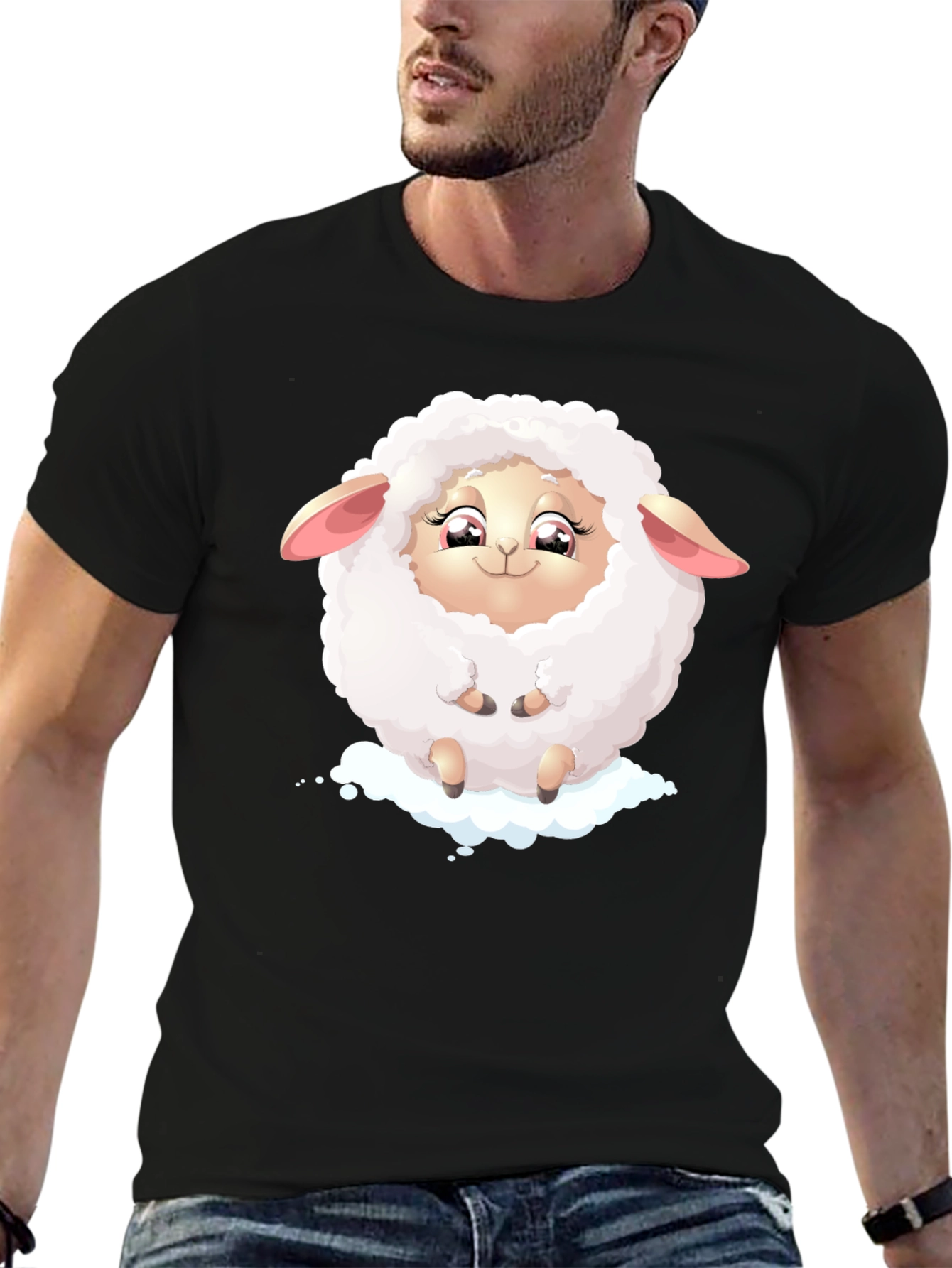 Cute Sheep Graphic Tee - Black Cotton Blend
