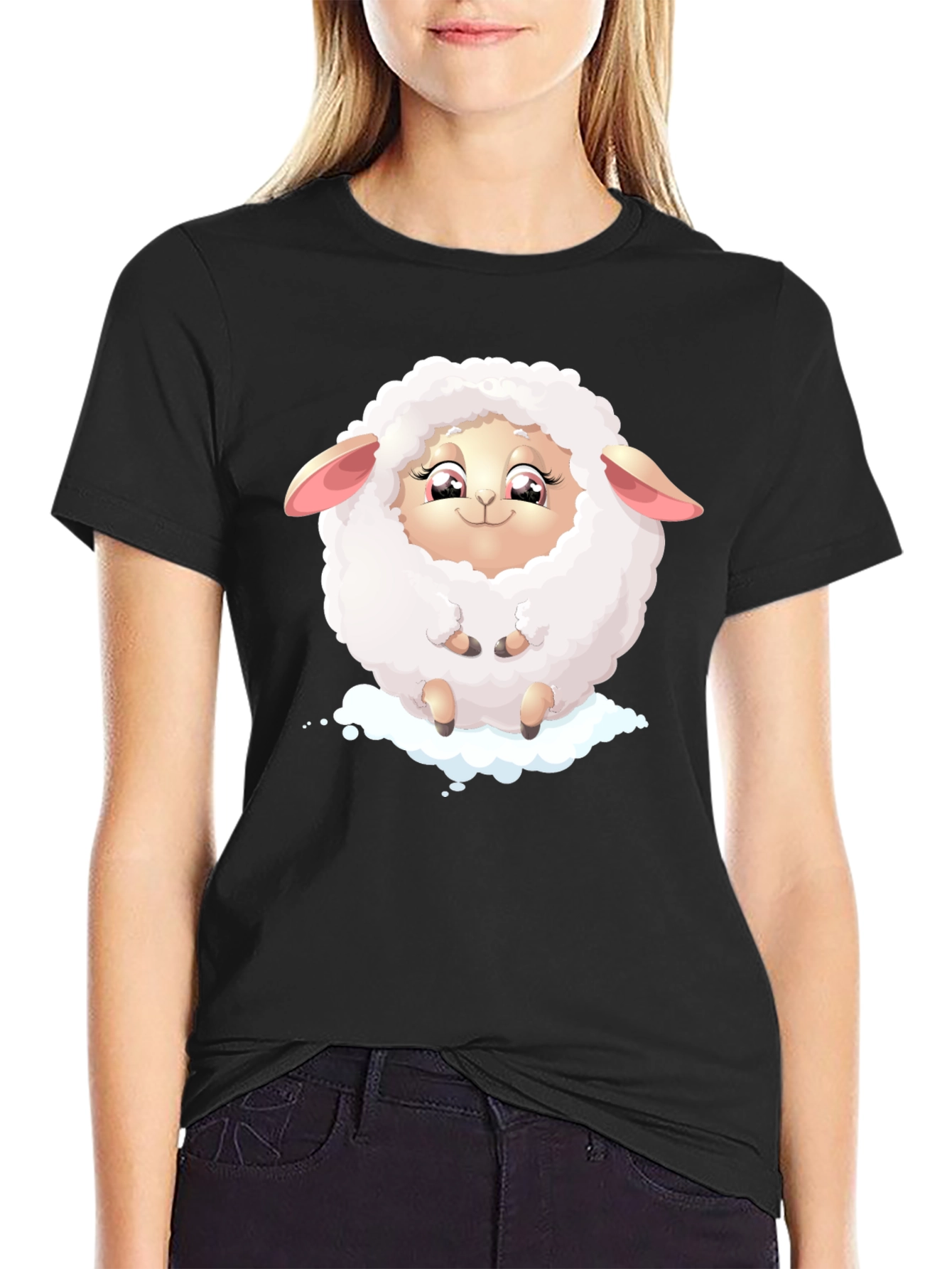 Cute Sheep Graphic Tee - Black Cotton Blend