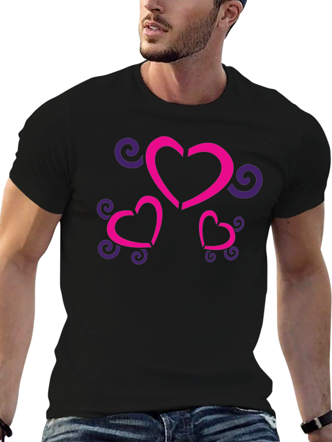 Stylish Black T-Shirt with Heart and Swirl Design