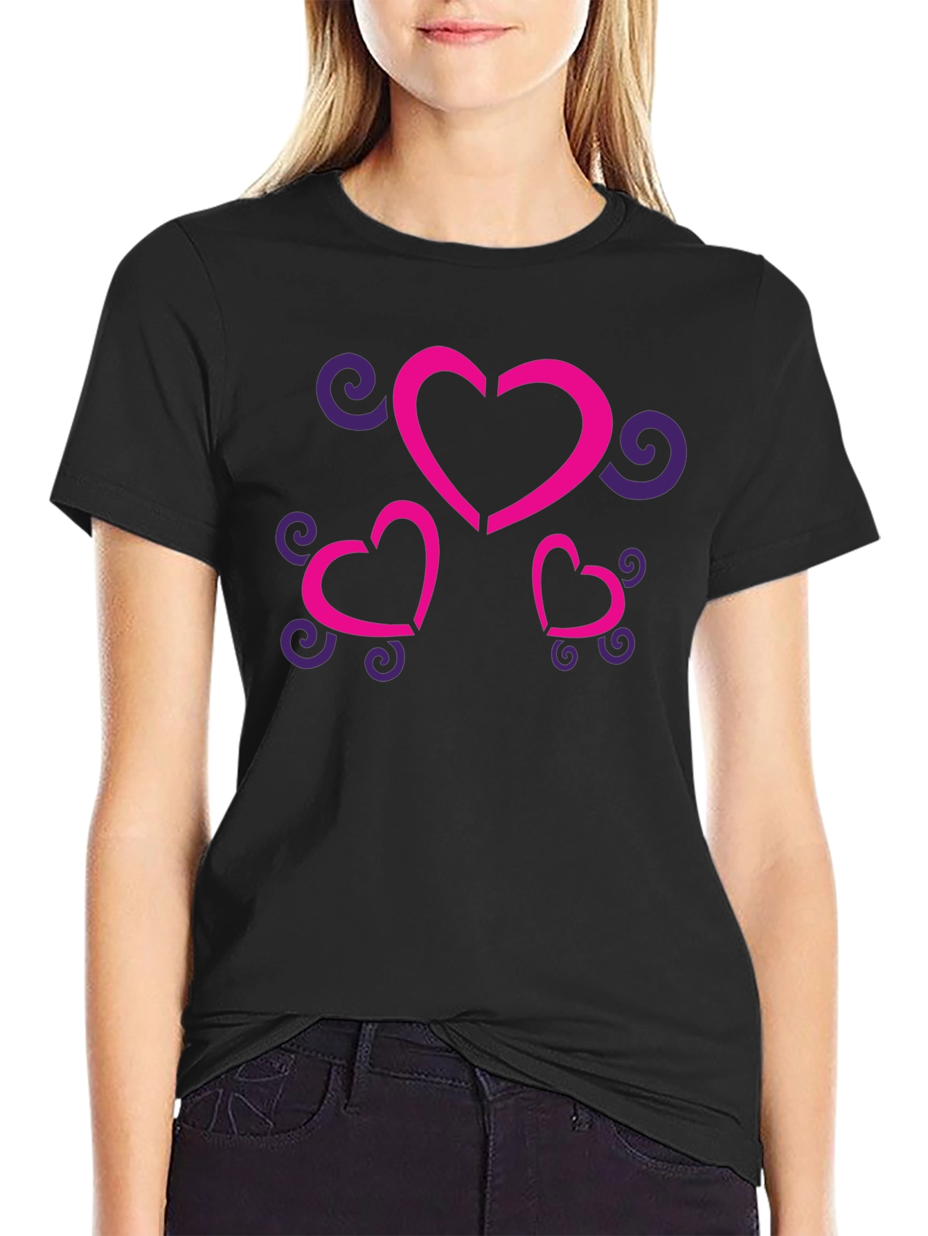 Stylish Black T-Shirt with Heart and Swirl Design
