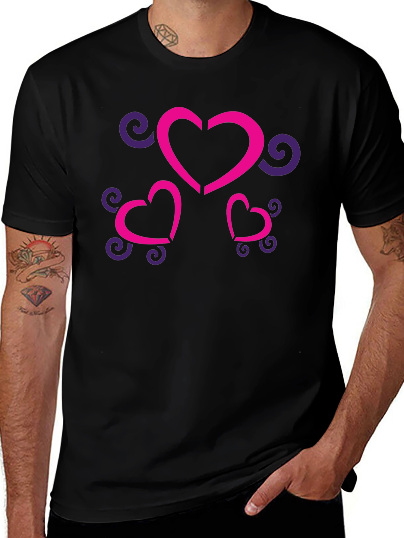 Stylish Black T-Shirt with Heart and Swirl Design