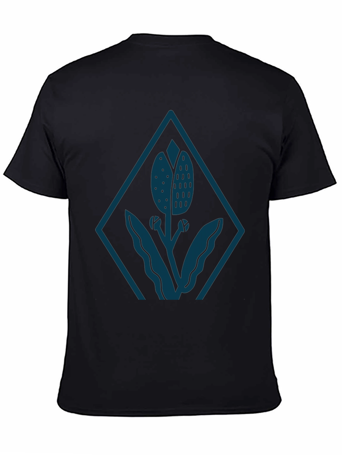 Mens Black Tee with Stylized Floral Diamond Design