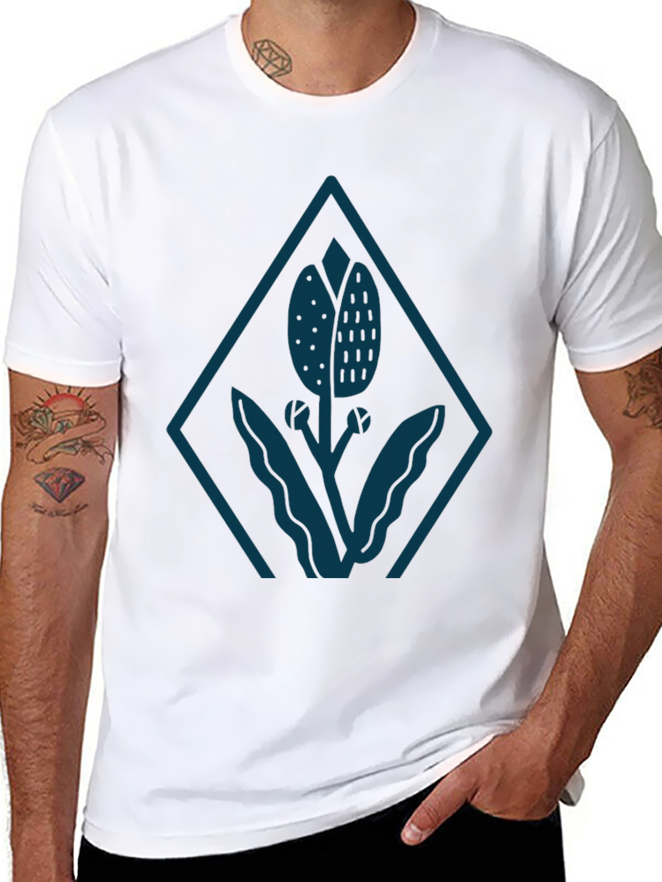 Mens Black Tee with Stylized Floral Diamond Design