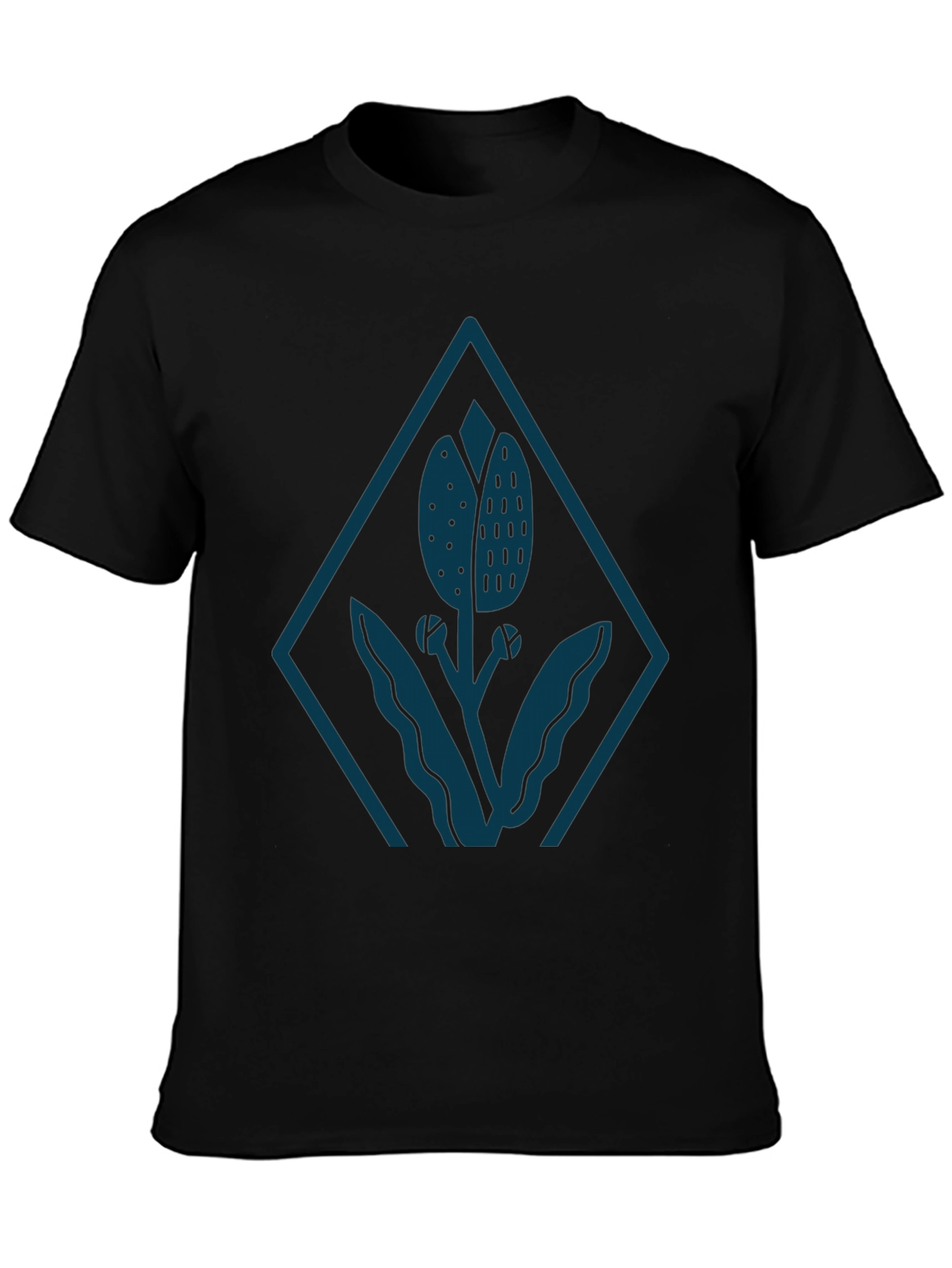 Mens Black Tee with Stylized Floral Diamond Design
