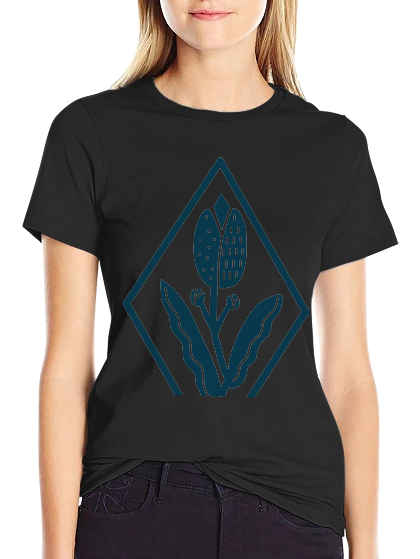 Mens Black Tee with Stylized Floral Diamond Design