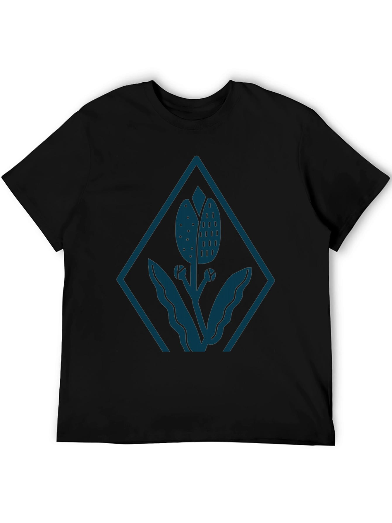 Mens Black Tee with Stylized Floral Diamond Design