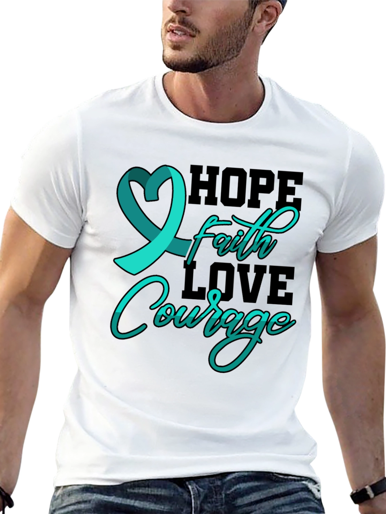 Hope Faith Love Courage T-Shirt Teal Ribbon Design