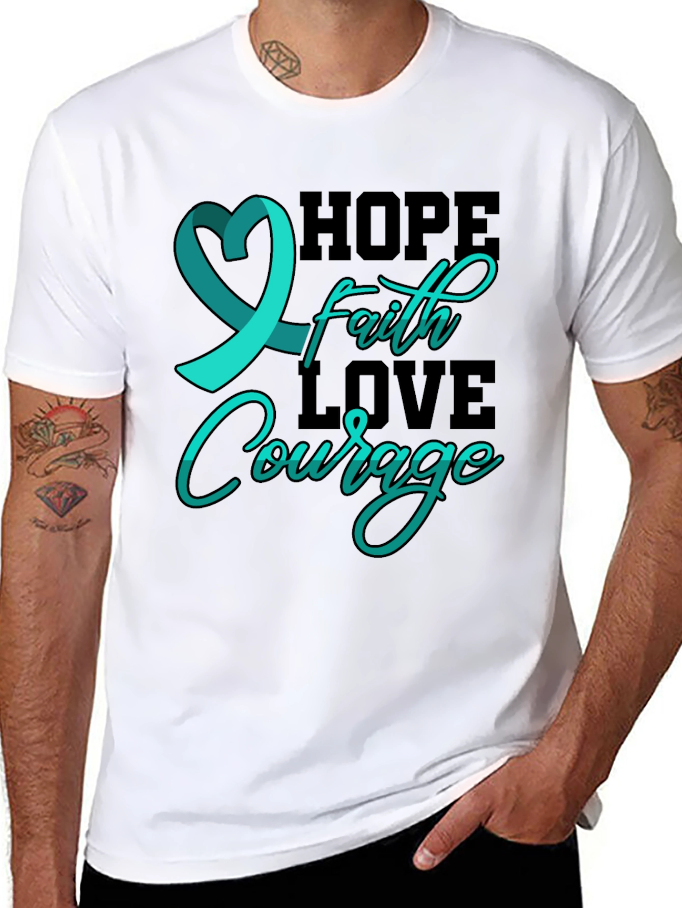 Hope Faith Love Courage T-Shirt Teal Ribbon Design