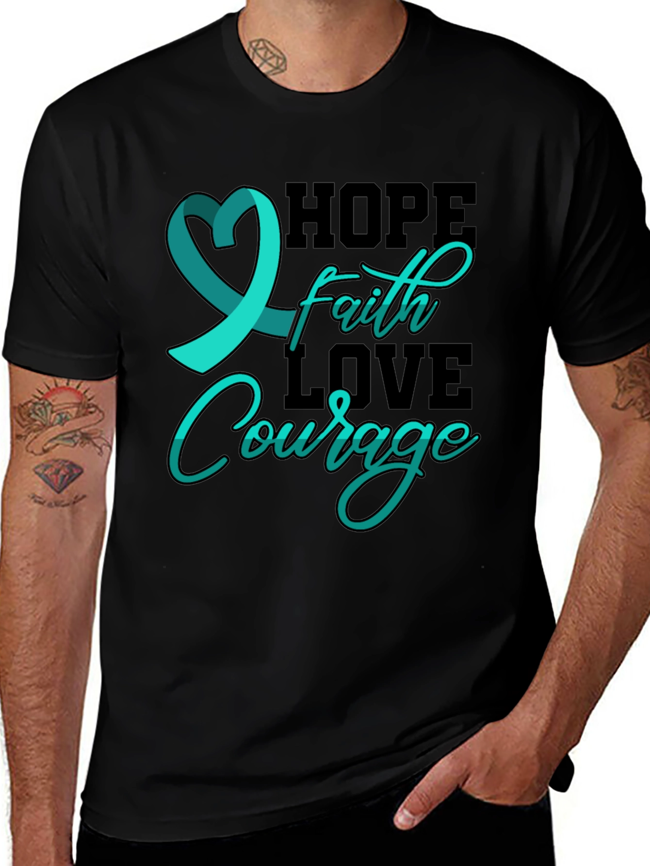 Hope Faith Love Courage T-Shirt Teal Ribbon Design