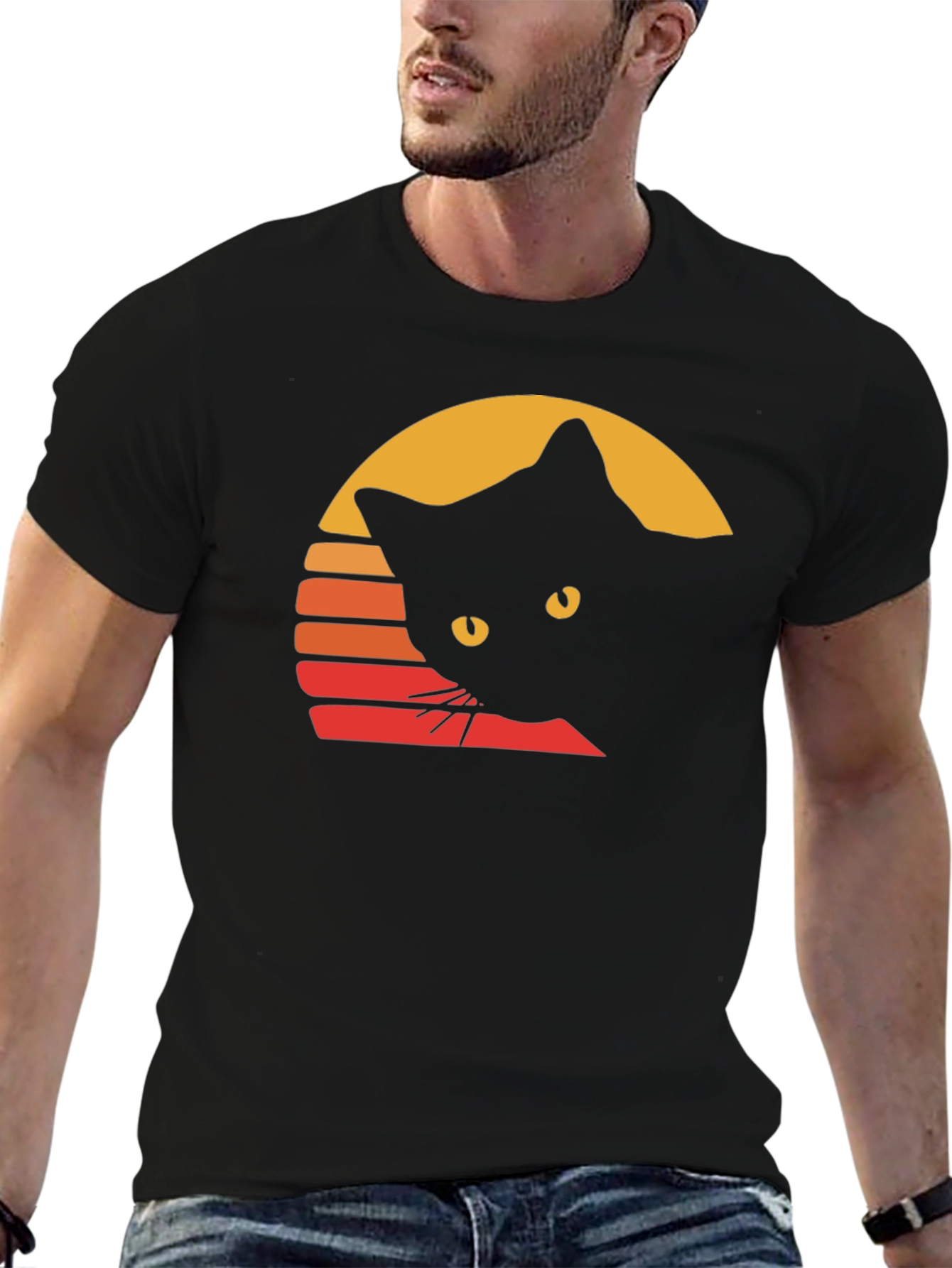 Retro Cat Sunset T-Shirt - Unique Black Cat Design