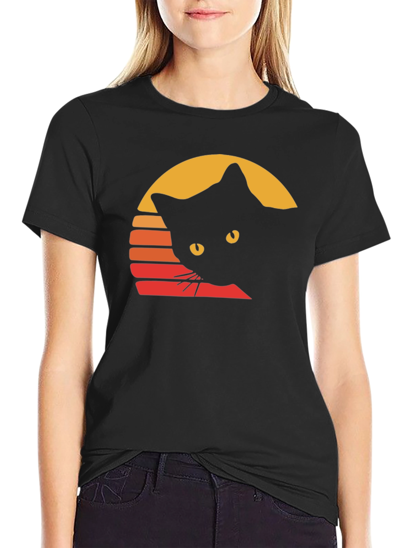 Retro Cat Sunset T-Shirt - Unique Black Cat Design