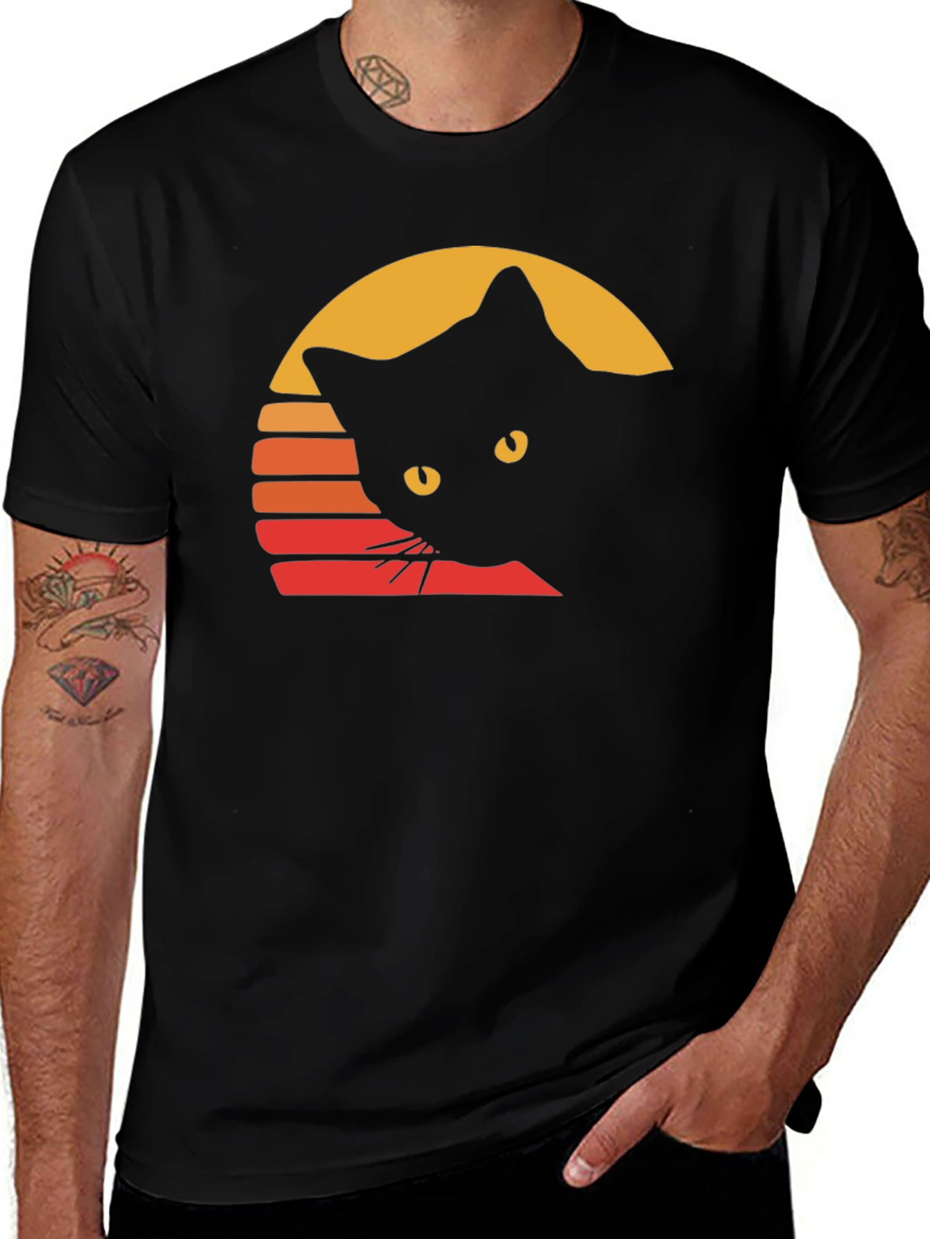 Retro Cat Sunset T-Shirt - Unique Black Cat Design