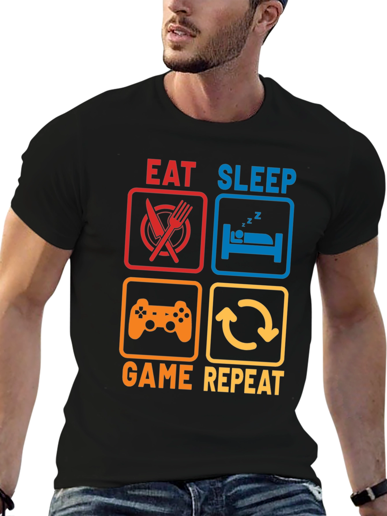 Eat Sleep Game Repeat Black Graphic T-Shirt