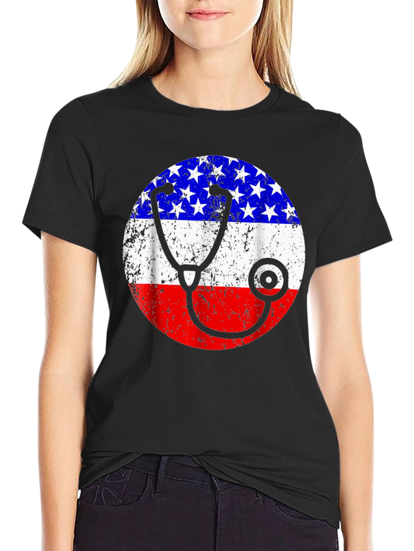 Patriotic Nurse/Doctor T-Shirt - American Flag Stethoscope Design